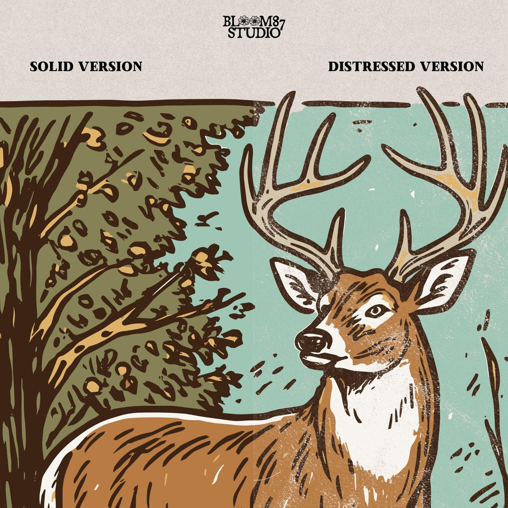 Whitetail buck illustration in tall grass and fall forest, rustic hunting PNG clipart for outdoor crafting.