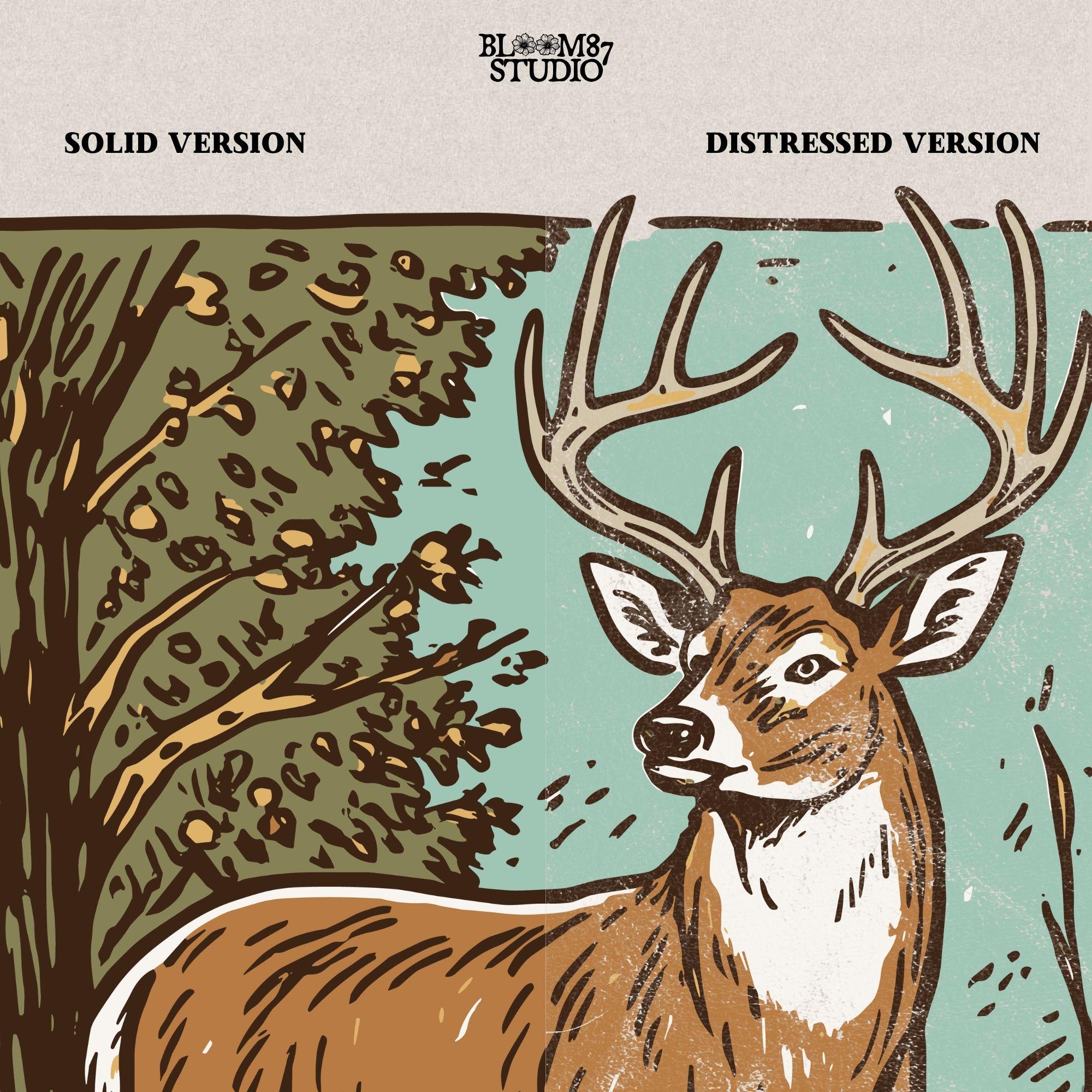 Whitetail buck illustration in tall grass and fall forest, rustic hunting PNG clipart for outdoor crafting.