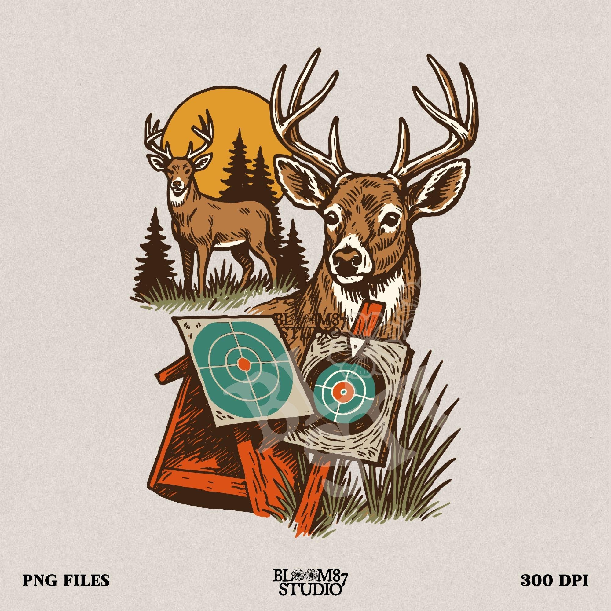 Vintage-style illustration of whitetail deer with archery and shooting targets, set against a forest with sunset background.