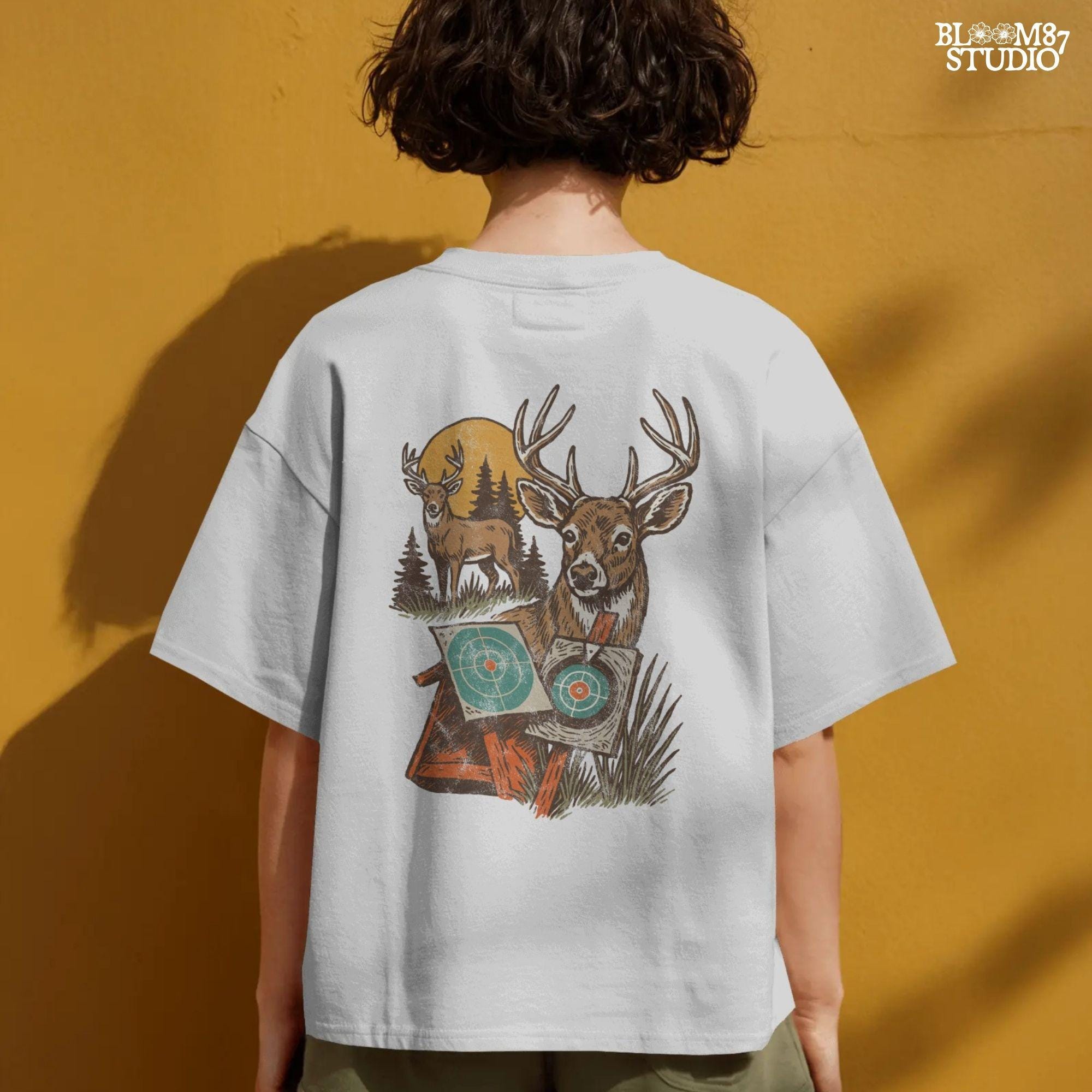 Vintage-style illustration of whitetail deer with archery and shooting targets, set against a forest with sunset background.