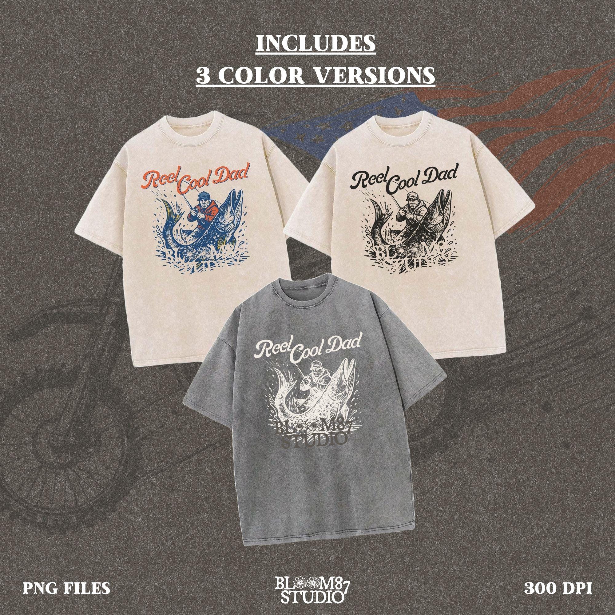 Illustration of a father reeling in a giant fish with bold text “Reel Cool Dad,” perfect for Father’s Day or fishing-themed gifts.