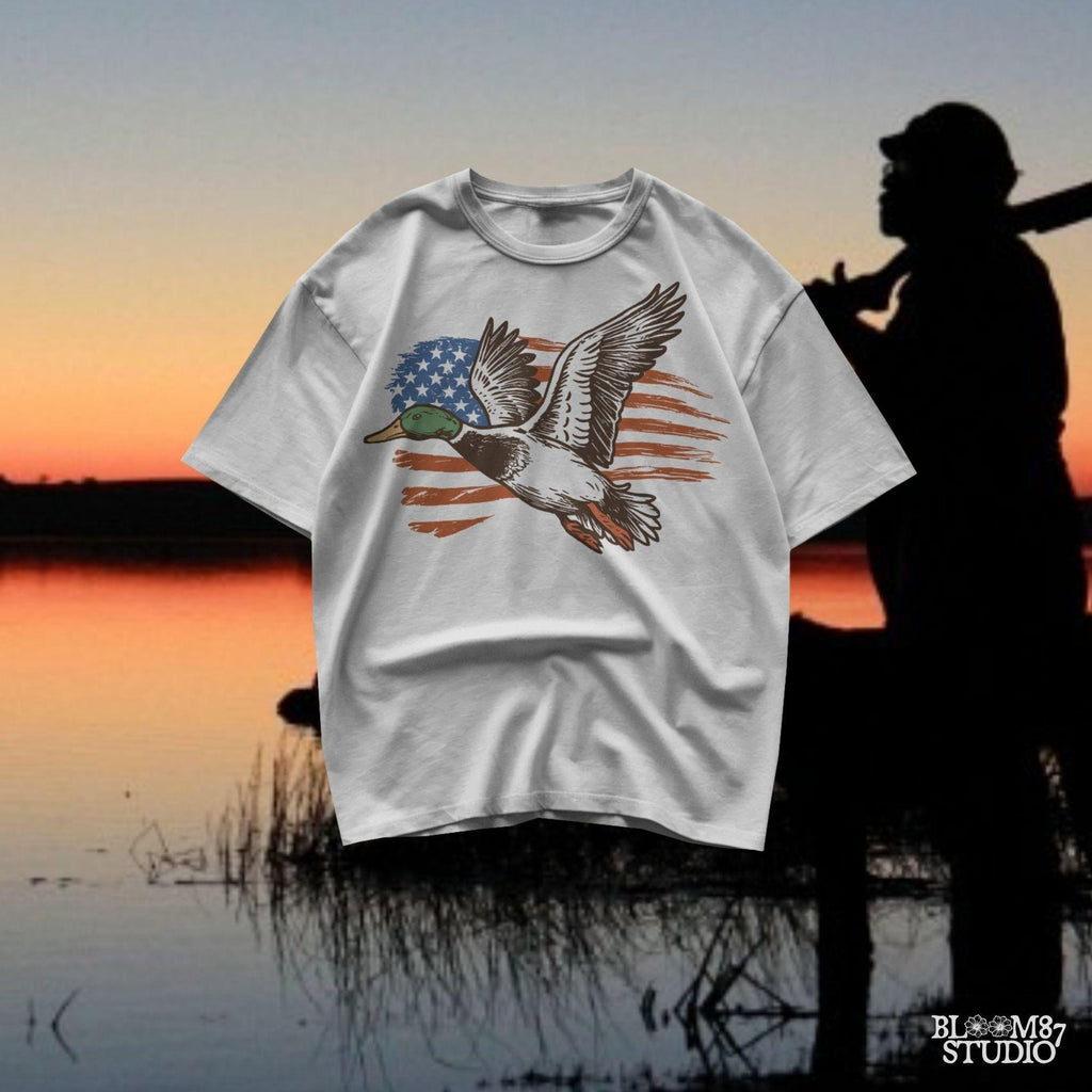 Patriotic Duck PNG | Mallard Flying with American Flag | Hunting Sublimation File | USA Wildlife Shirt Design | USA Graphic for Shirt, Mugs
