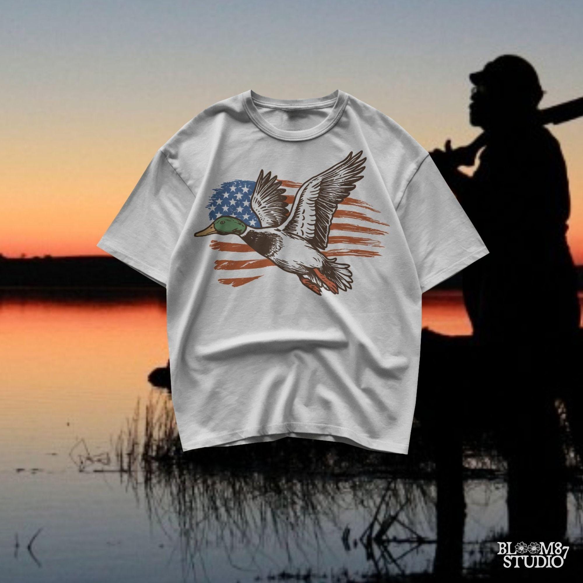 Patriotic Duck PNG | Mallard Flying with American Flag | Hunting Sublimation File | USA Wildlife Shirt Design | USA Graphic for Shirt, Mugs