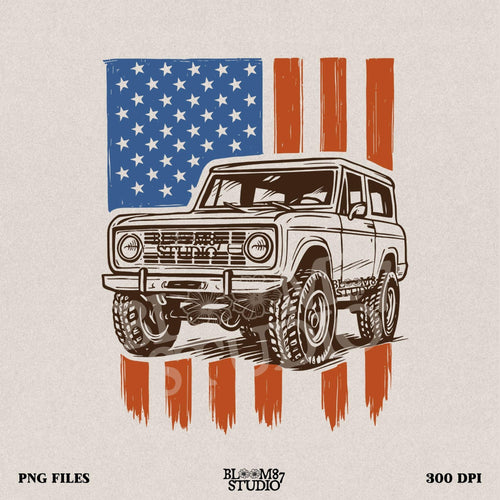 Vintage 4x4 Bronco-style off-road truck with bold tires over a distressed American flag, perfect for patriotic truck lovers and USA-themed designs.