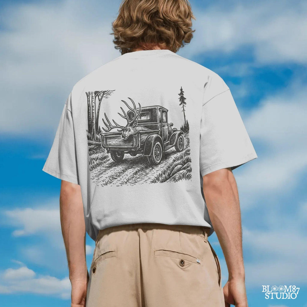 Rustic illustration of a vintage pickup truck driving through the woods with a freshly hunted deer buck in the truck bed, symbolizing deer season.