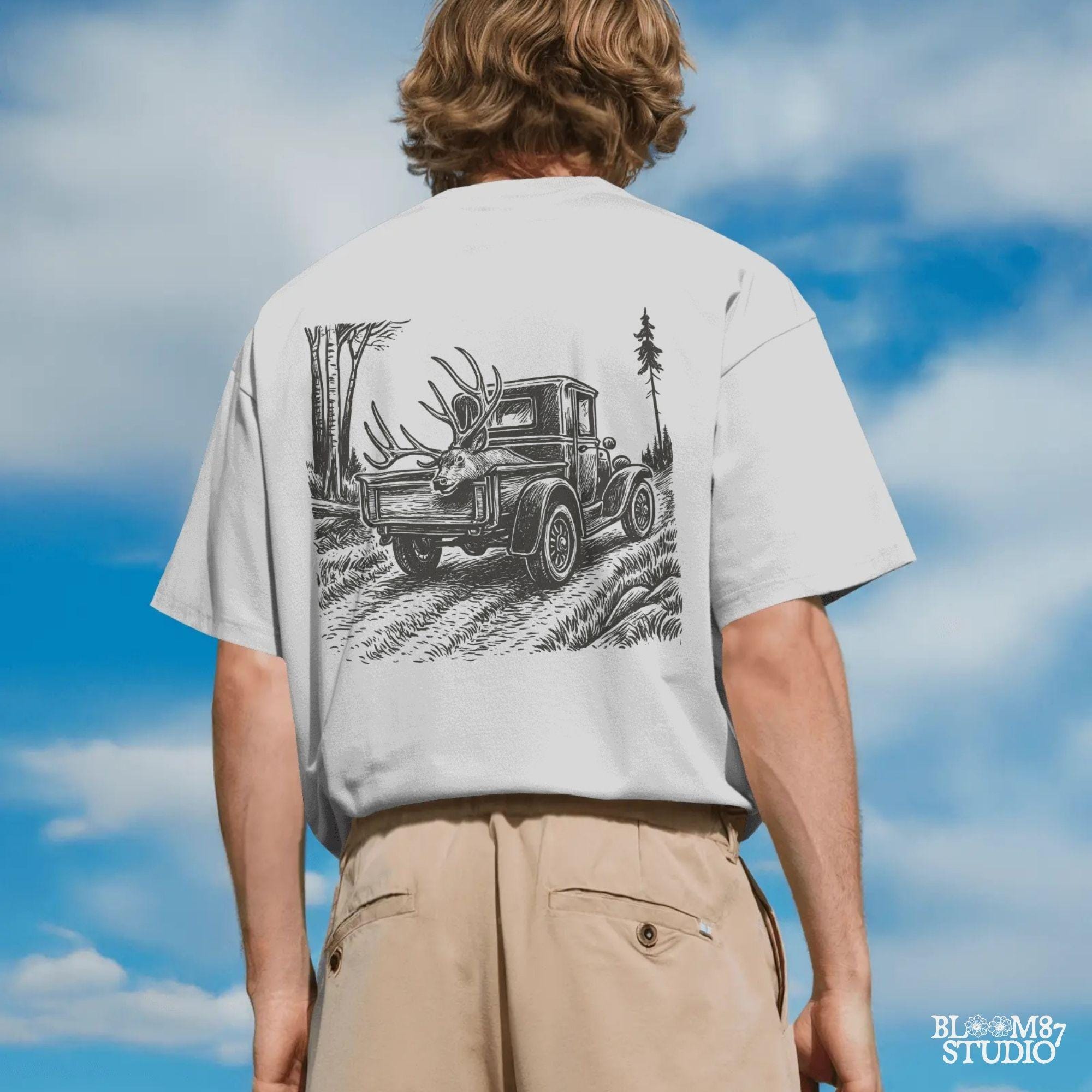 Rustic illustration of a vintage pickup truck driving through the woods with a freshly hunted deer buck in the truck bed, symbolizing deer season.