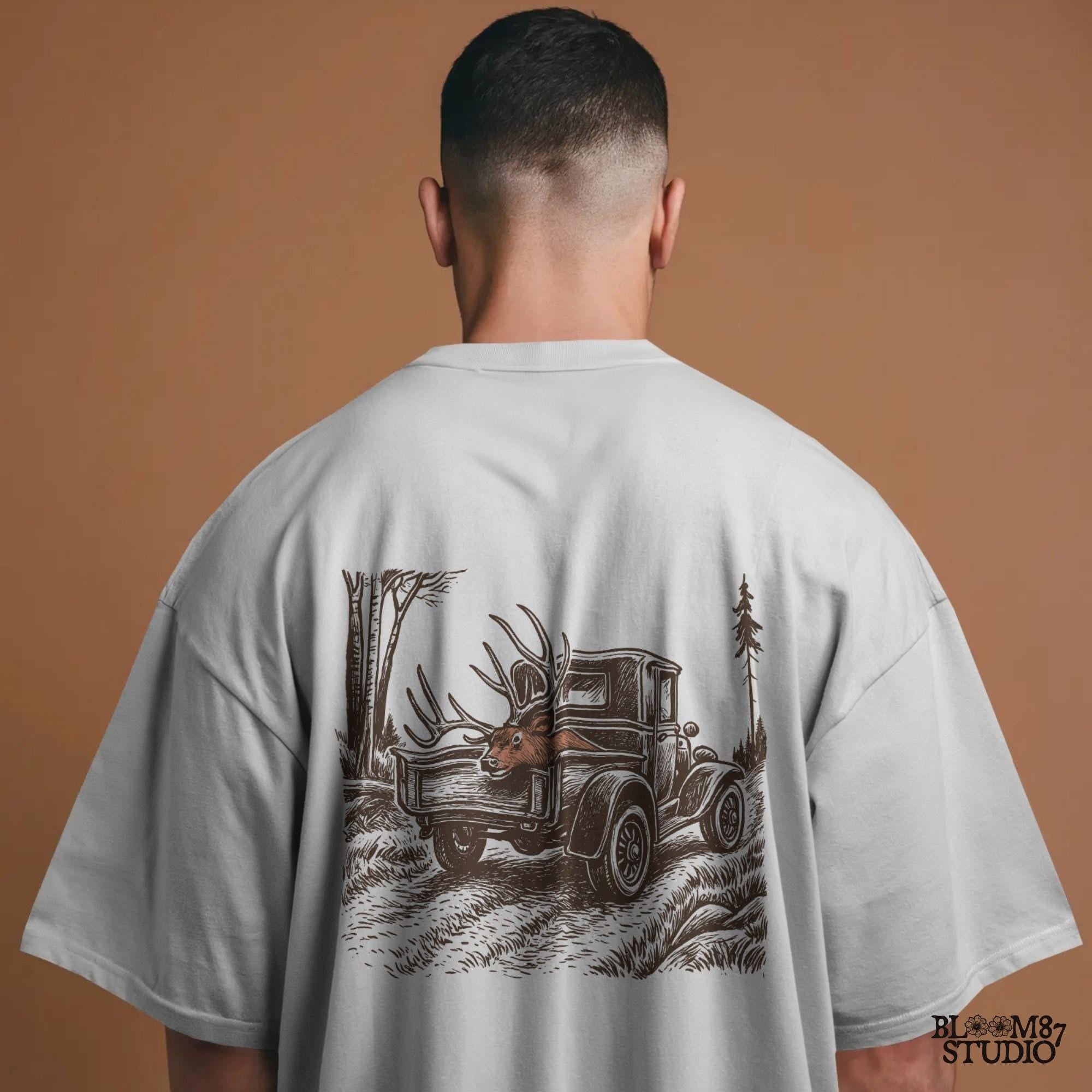 Rustic illustration of a vintage pickup truck driving through the woods with a freshly hunted deer buck in the truck bed, symbolizing deer season.