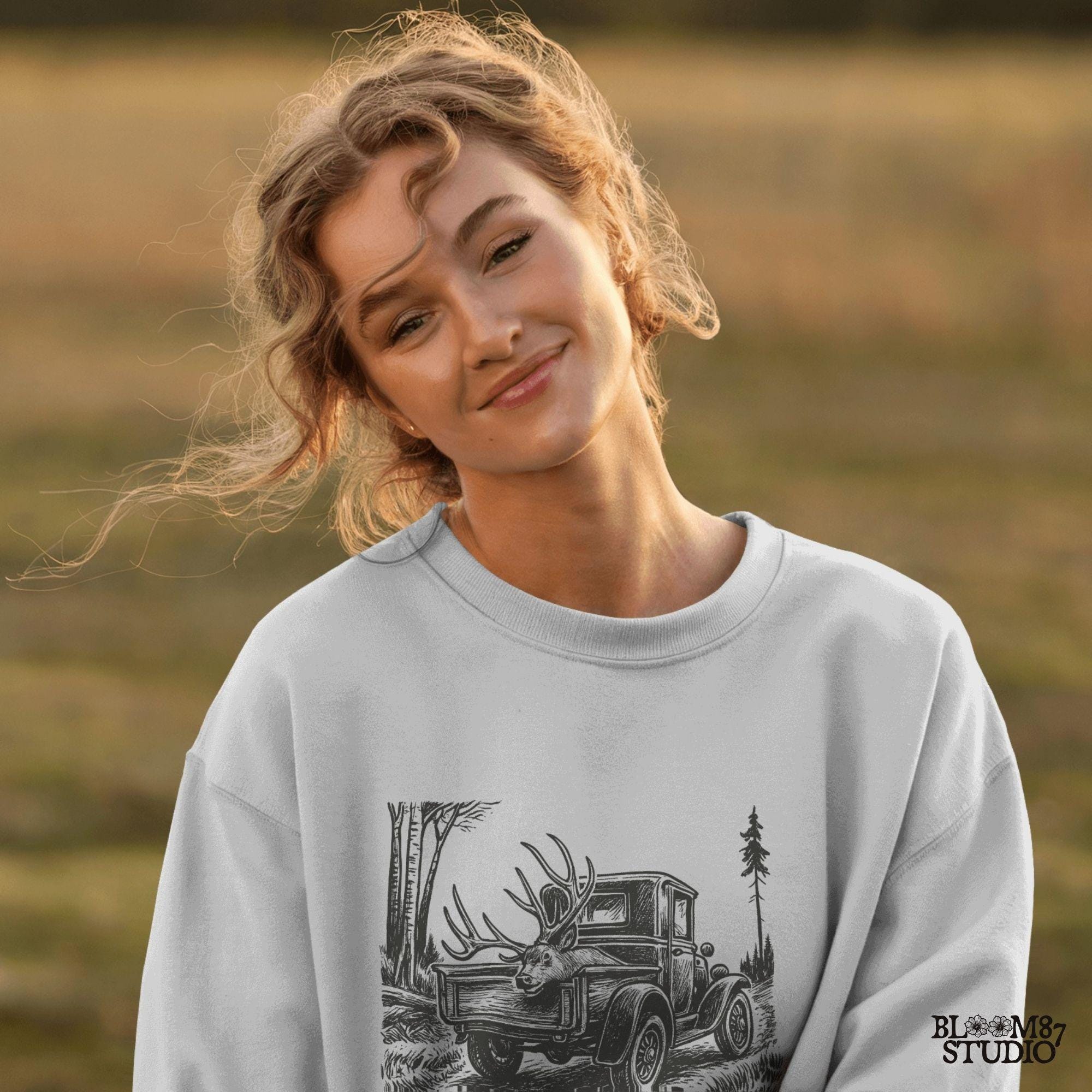 Rustic illustration of a vintage pickup truck driving through the woods with a freshly hunted deer buck in the truck bed, symbolizing deer season.