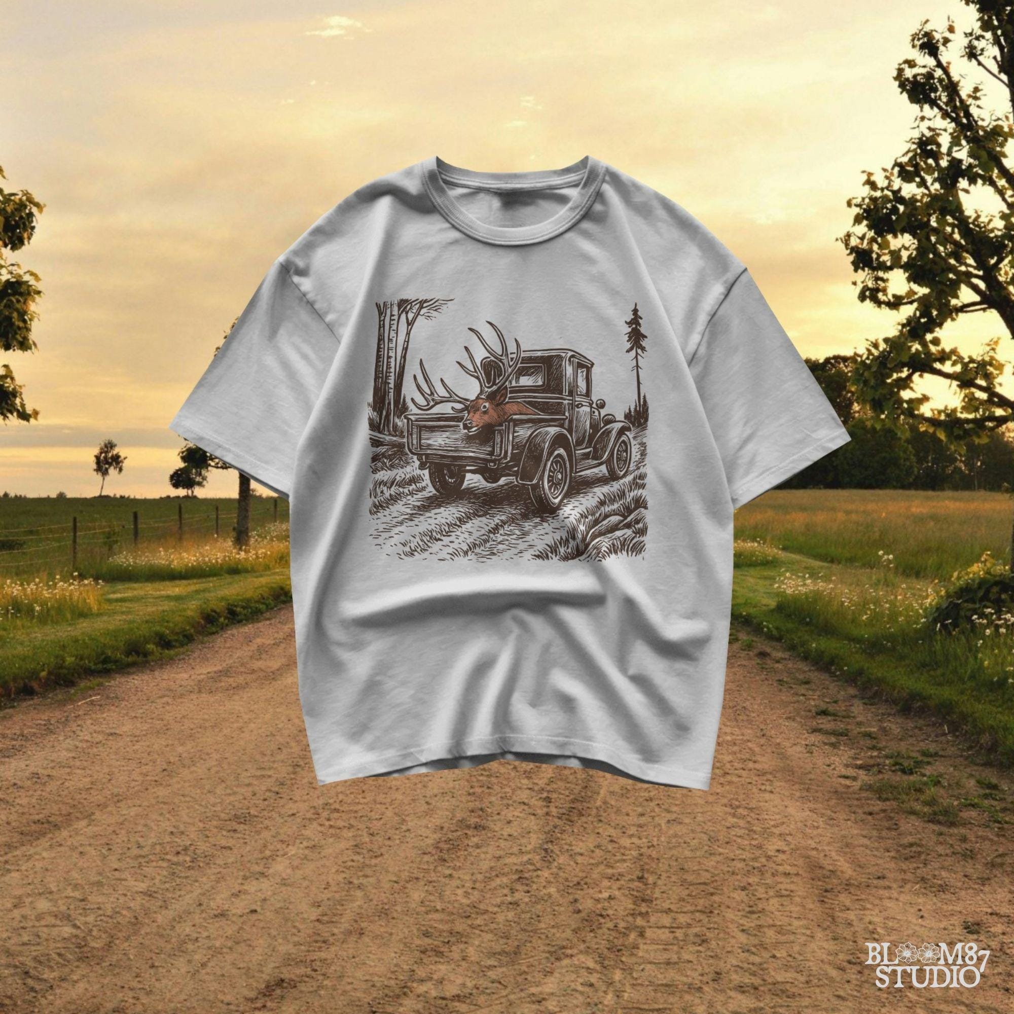 Rustic illustration of a vintage pickup truck driving through the woods with a freshly hunted deer buck in the truck bed, symbolizing deer season.