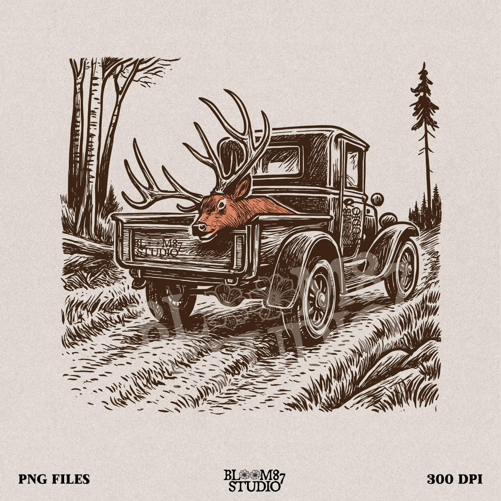 Rustic illustration of a vintage pickup truck driving through the woods with a freshly hunted deer buck in the truck bed, symbolizing deer season.