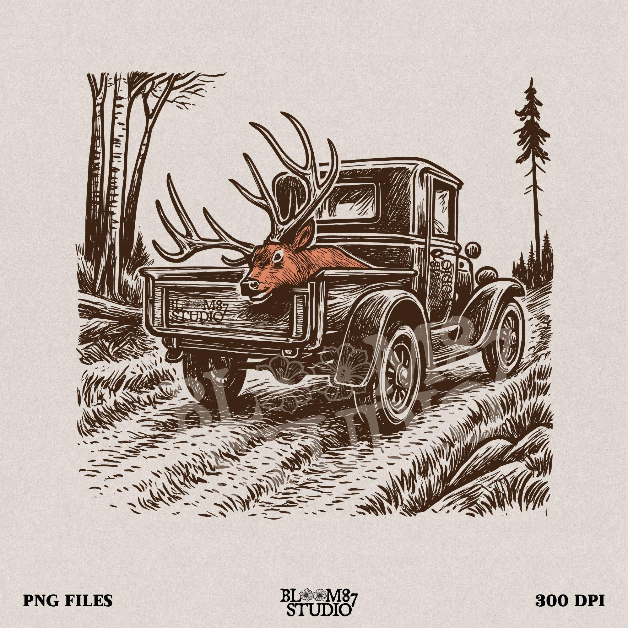 Rustic illustration of a vintage pickup truck driving through the woods with a freshly hunted deer buck in the truck bed, symbolizing deer season.