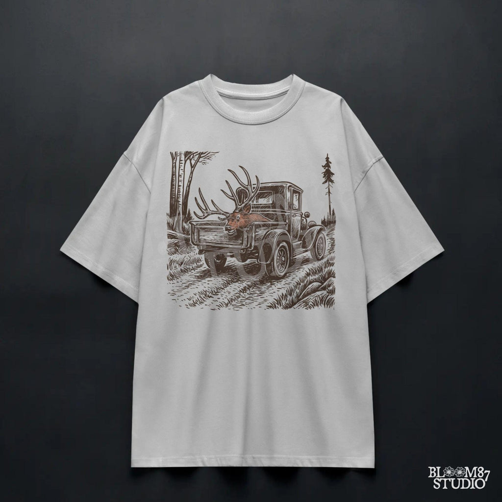 Rustic illustration of a vintage pickup truck driving through the woods with a freshly hunted deer buck in the truck bed, symbolizing deer season.