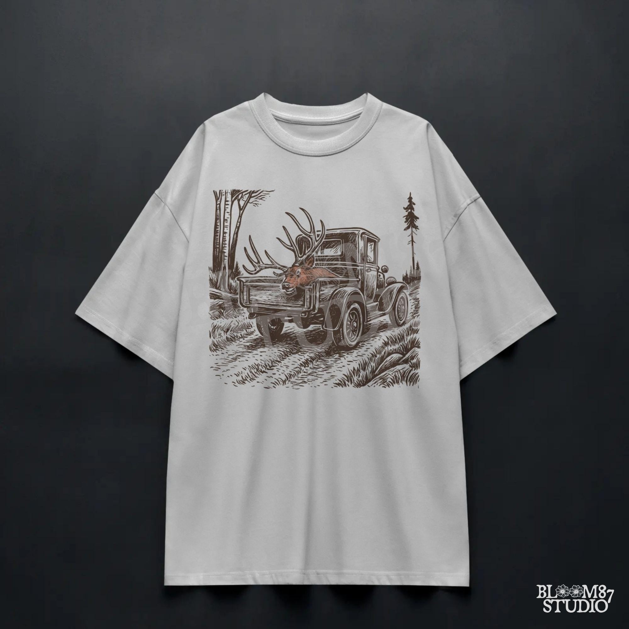 Rustic illustration of a vintage pickup truck driving through the woods with a freshly hunted deer buck in the truck bed, symbolizing deer season.