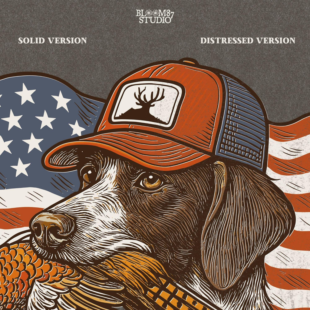Hunting dog wearing a cap and holding a pheasant in its mouth, with a waving American flag in the background.
