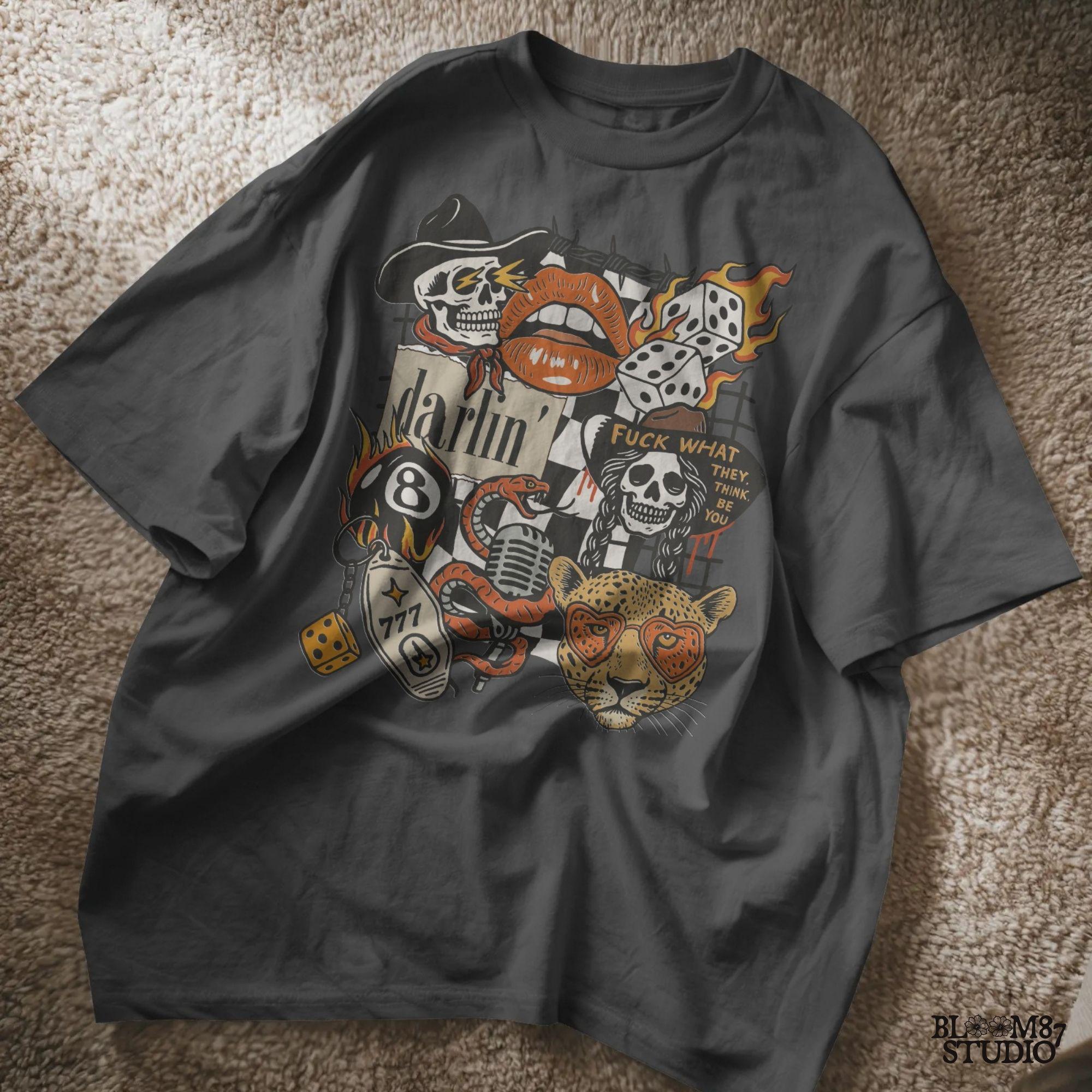 Western punk collage design featuring skulls, lips, leopard with heart glasses, snake and microphone, dice, barbed wire, and 777 tag.