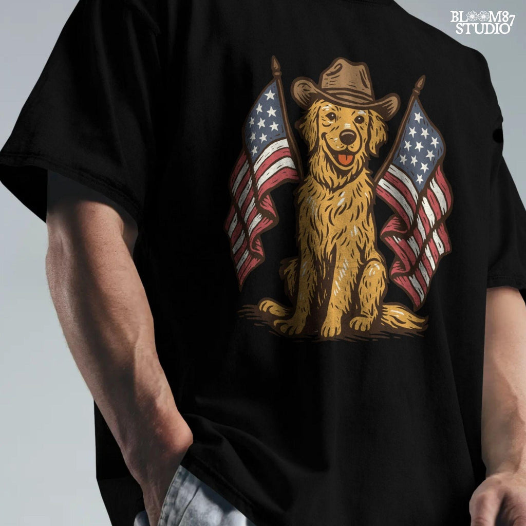 Golden retriever dog wearing cowboy hat with two American flags, patriotic PNG for 4th of July or summer celebration.