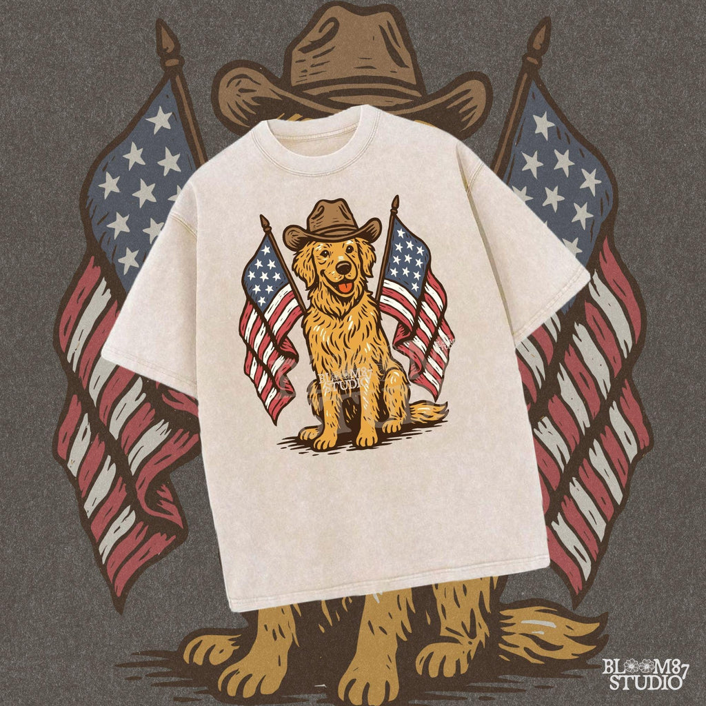 Golden retriever dog wearing cowboy hat with two American flags, patriotic PNG for 4th of July or summer celebration.