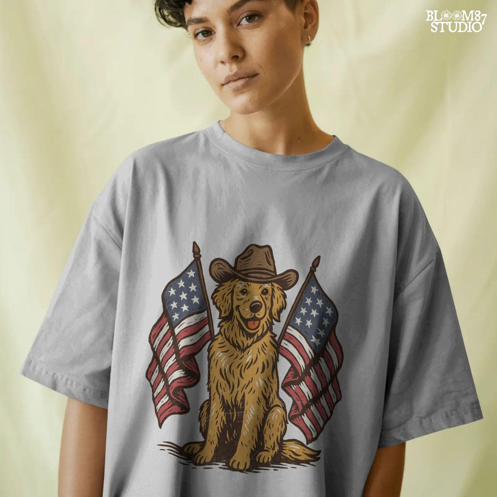 Golden retriever dog wearing cowboy hat with two American flags, patriotic PNG for 4th of July or summer celebration.