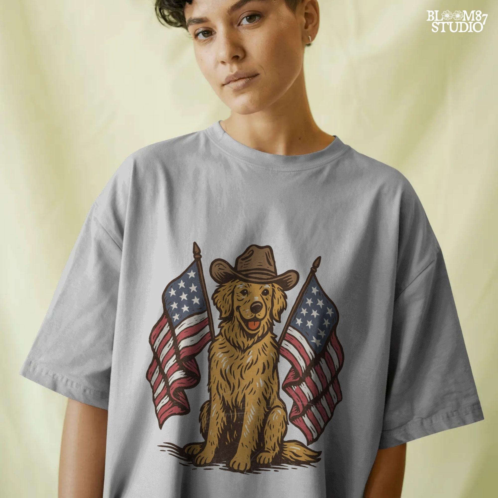 Golden retriever dog wearing cowboy hat with two American flags, patriotic PNG for 4th of July or summer celebration.