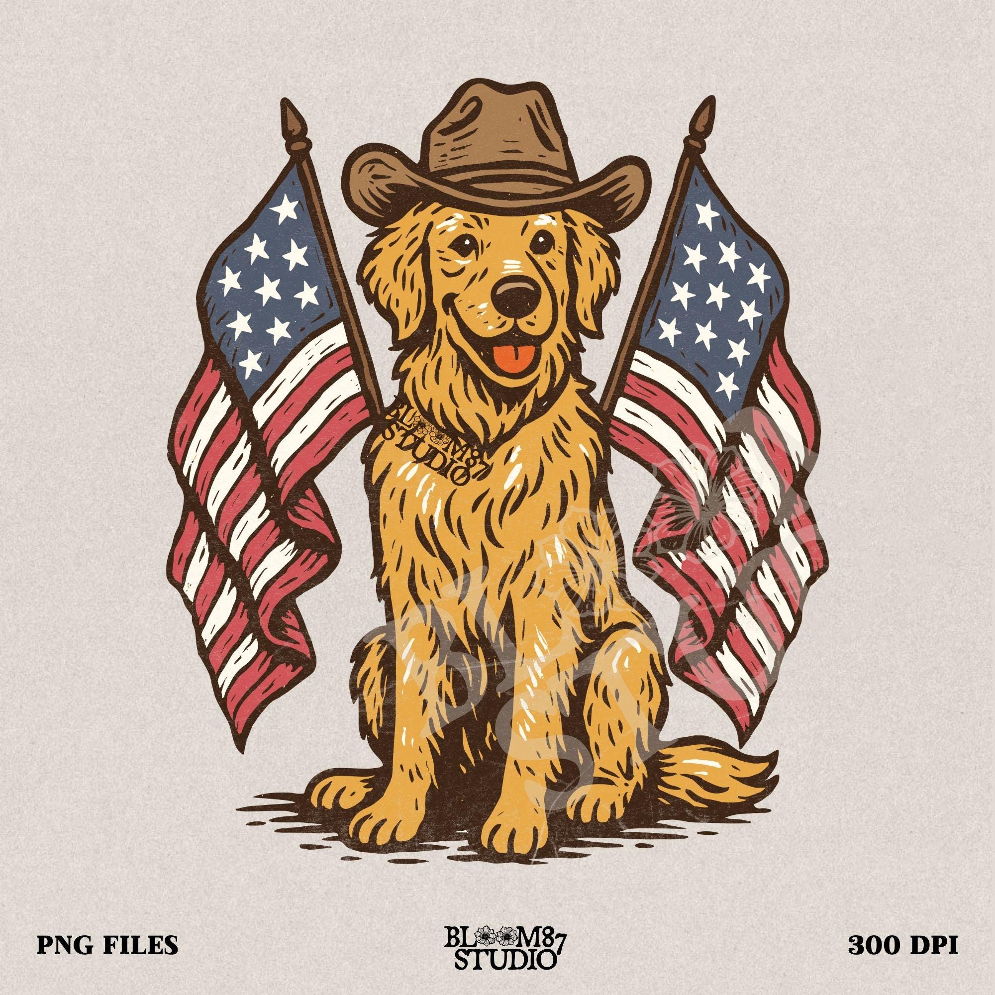 Golden retriever dog wearing cowboy hat with two American flags, patriotic PNG for 4th of July or summer celebration.