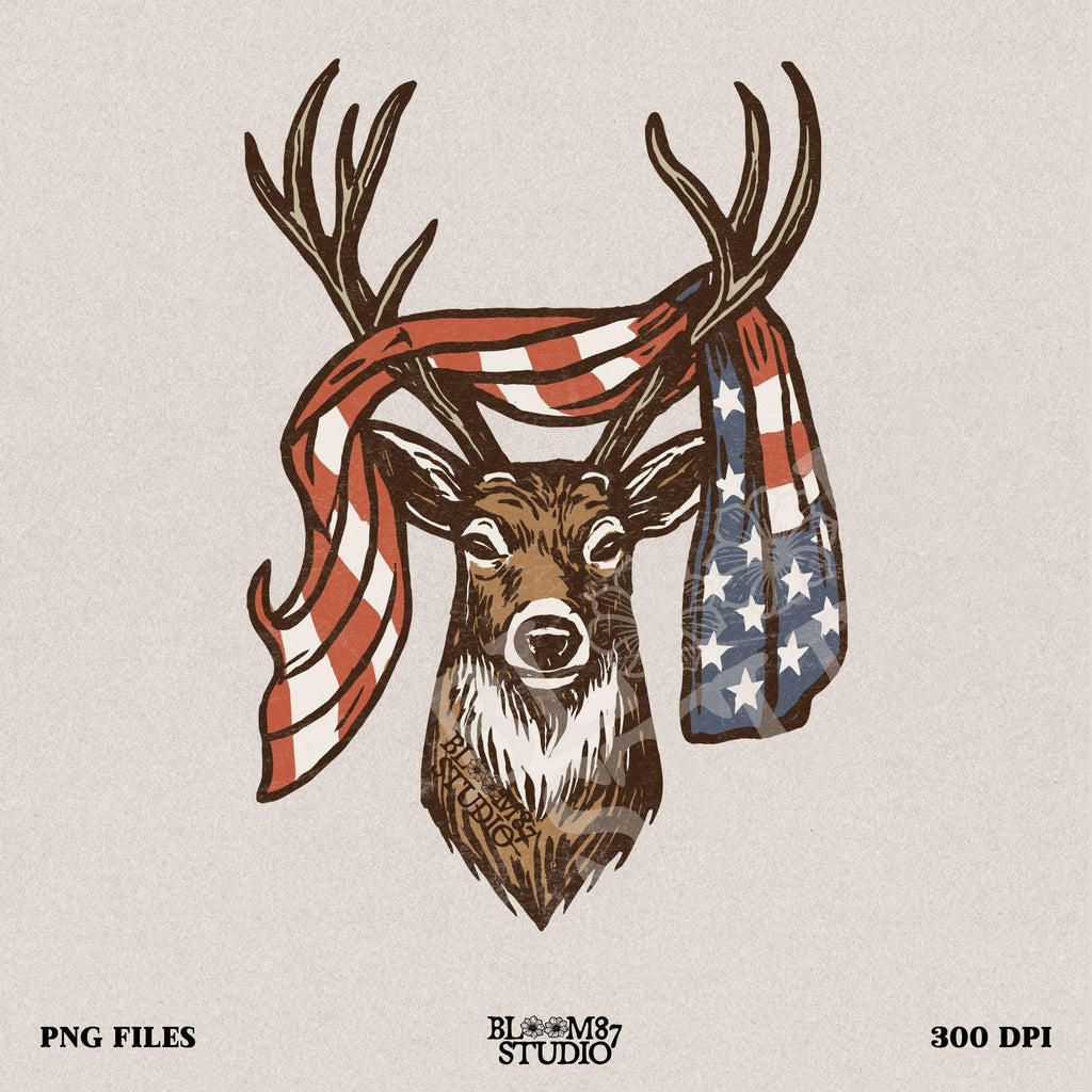 Patriotic deer with American flag wrapped around antlers, rustic 4th of July hunting PNG design for summer outdoor projects.