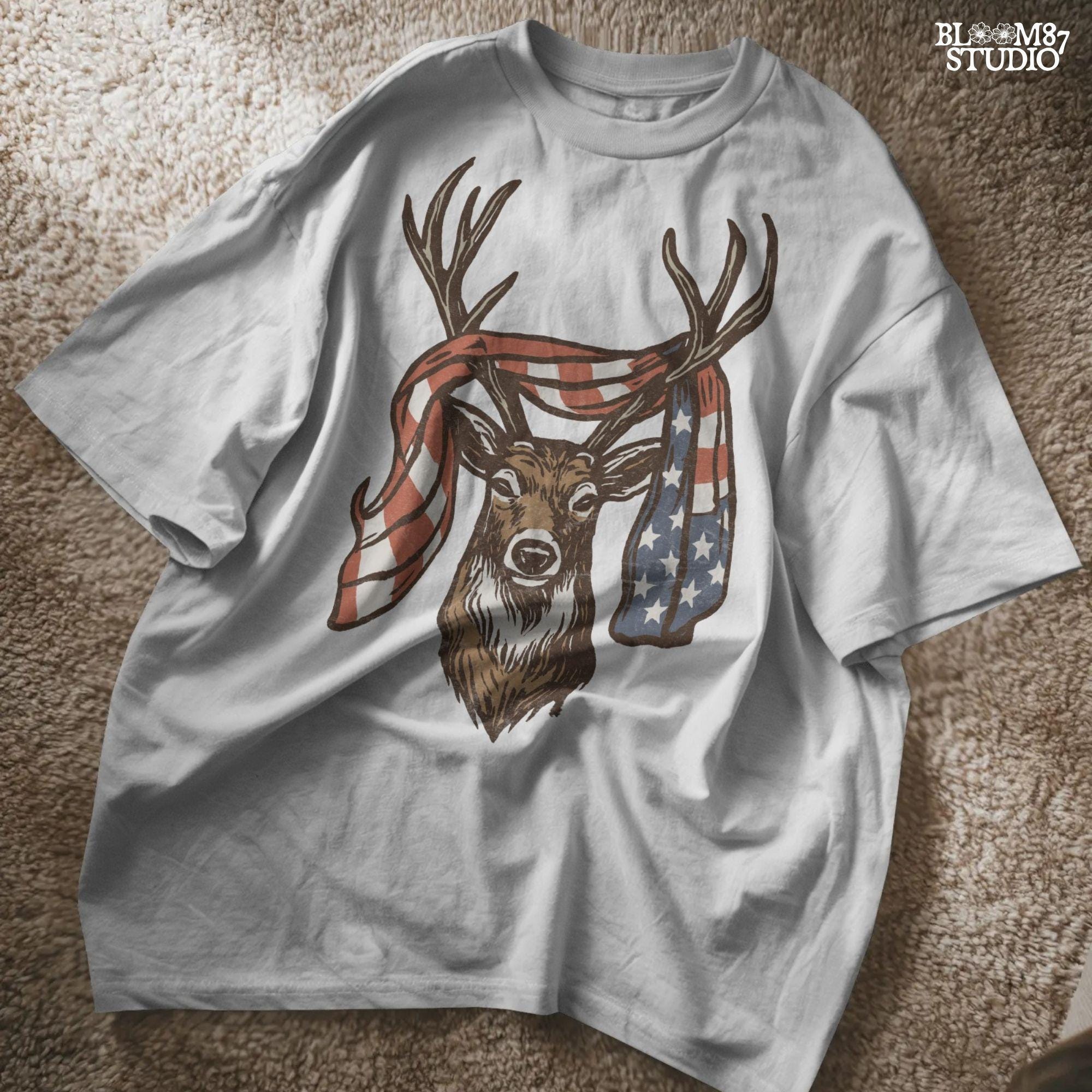 Patriotic deer with American flag wrapped around antlers, rustic 4th of July hunting PNG design for summer outdoor projects.