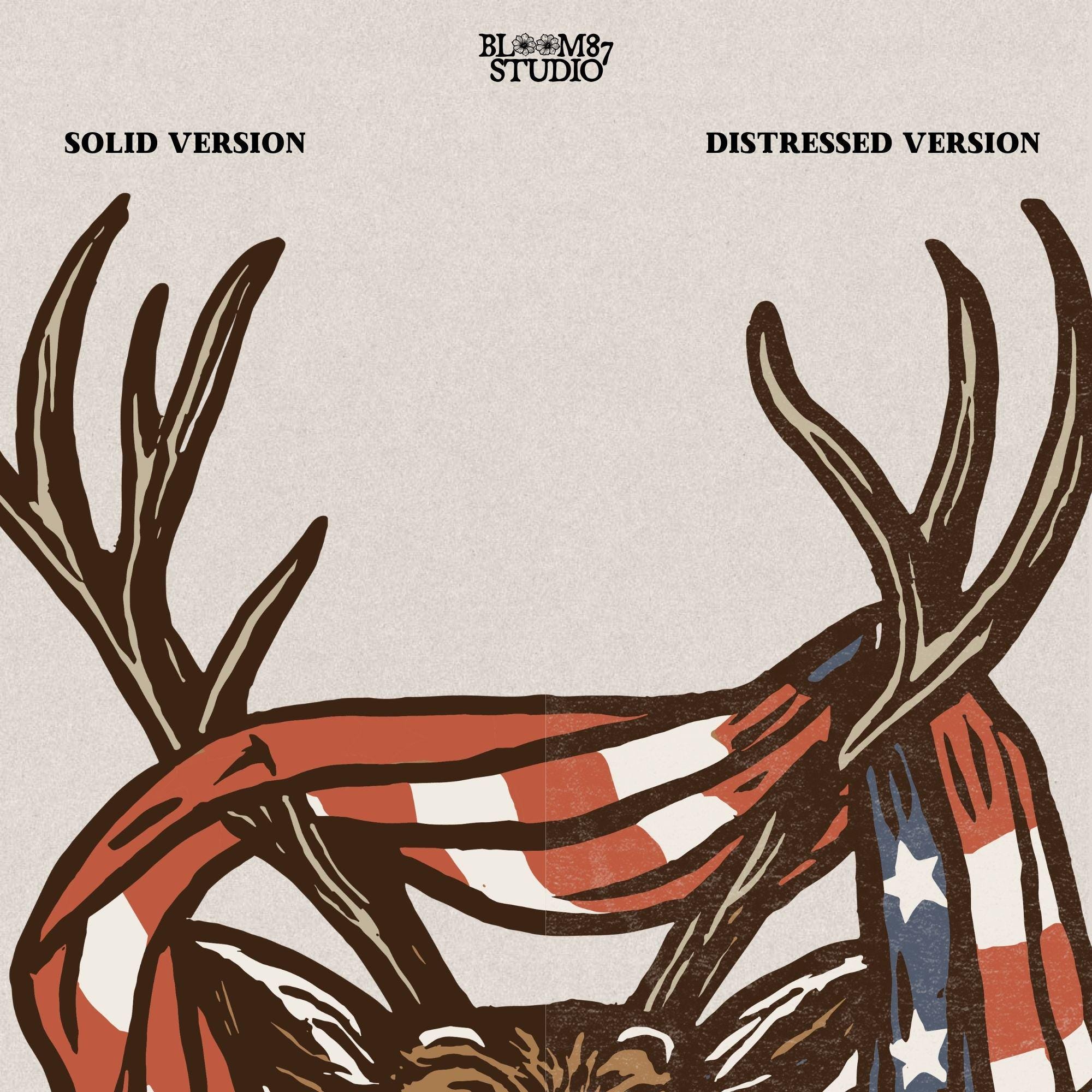 Patriotic deer with American flag wrapped around antlers, rustic 4th of July hunting PNG design for summer outdoor projects.