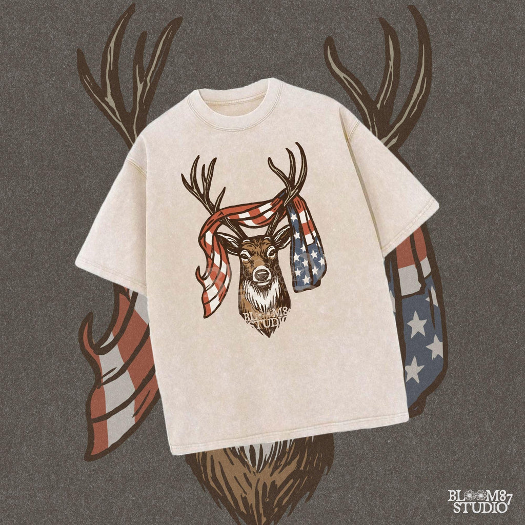 Patriotic deer with American flag wrapped around antlers, rustic 4th of July hunting PNG design for summer outdoor projects.