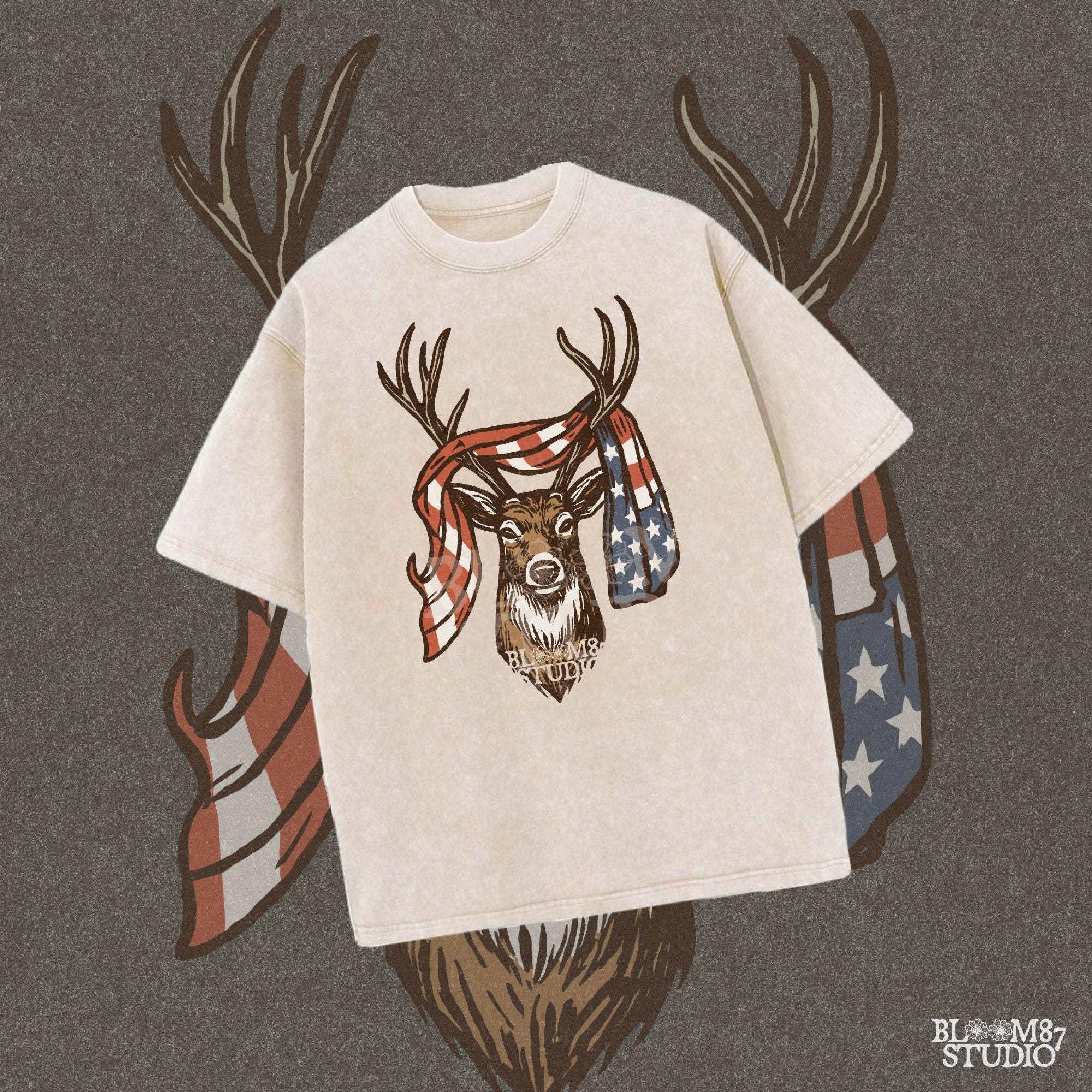 Patriotic deer with American flag wrapped around antlers, rustic 4th of July hunting PNG design for summer outdoor projects.