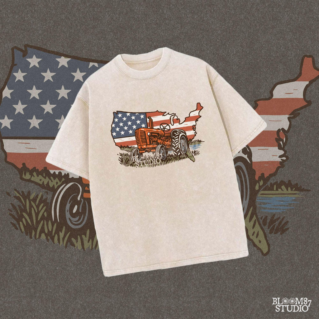 Rustic orange tractor in front of USA map with American flag overlay, vintage patriotic summer farm PNG design.
