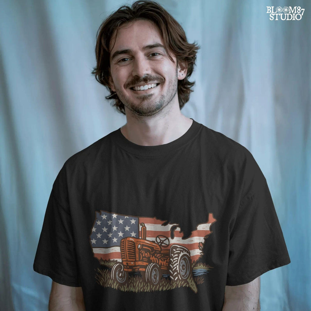 Rustic orange tractor in front of USA map with American flag overlay, vintage patriotic summer farm PNG design.