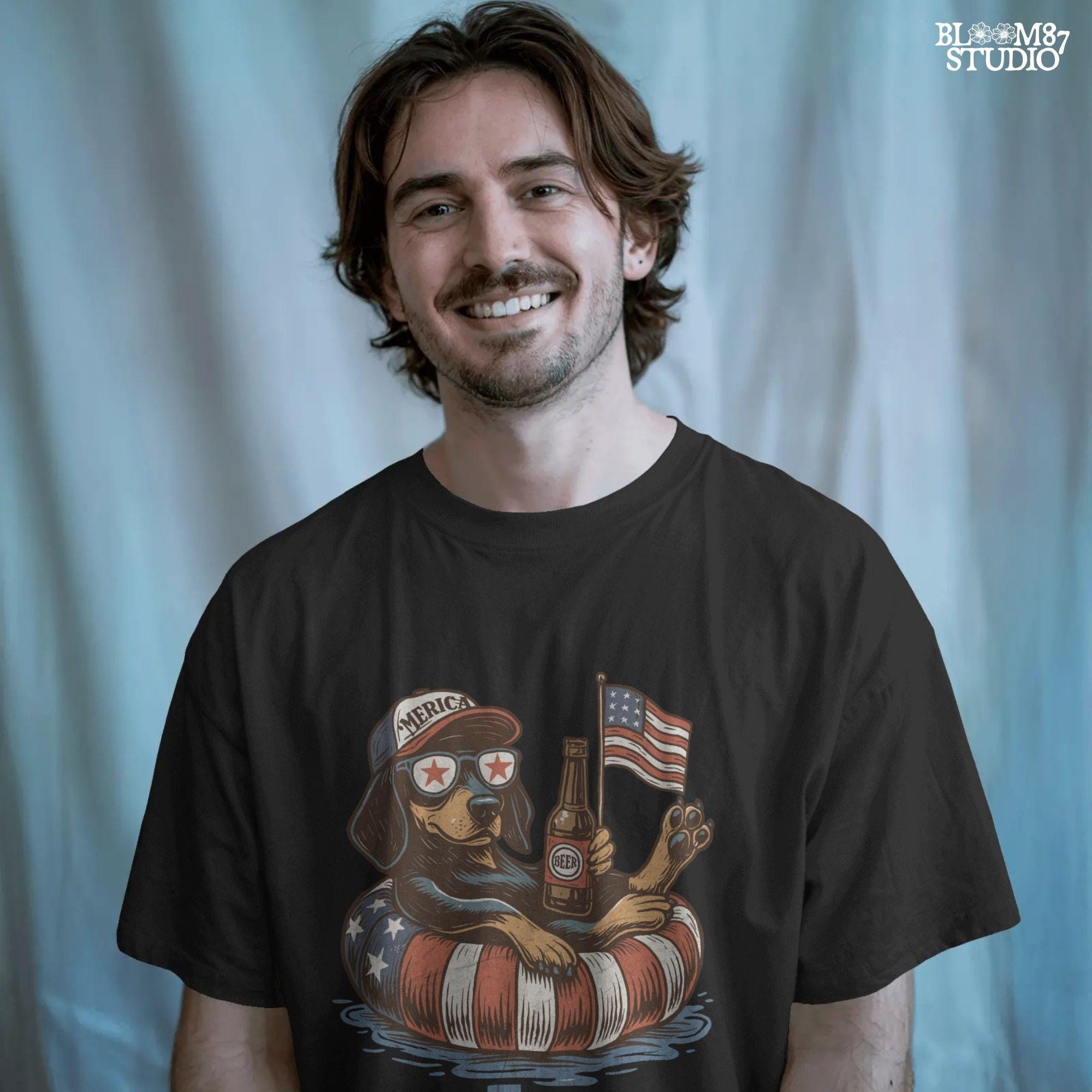 Funny patriotic dachshund dog floating in pool with American flag inner tube, wearing USA sunglasses and holding beer bottle.