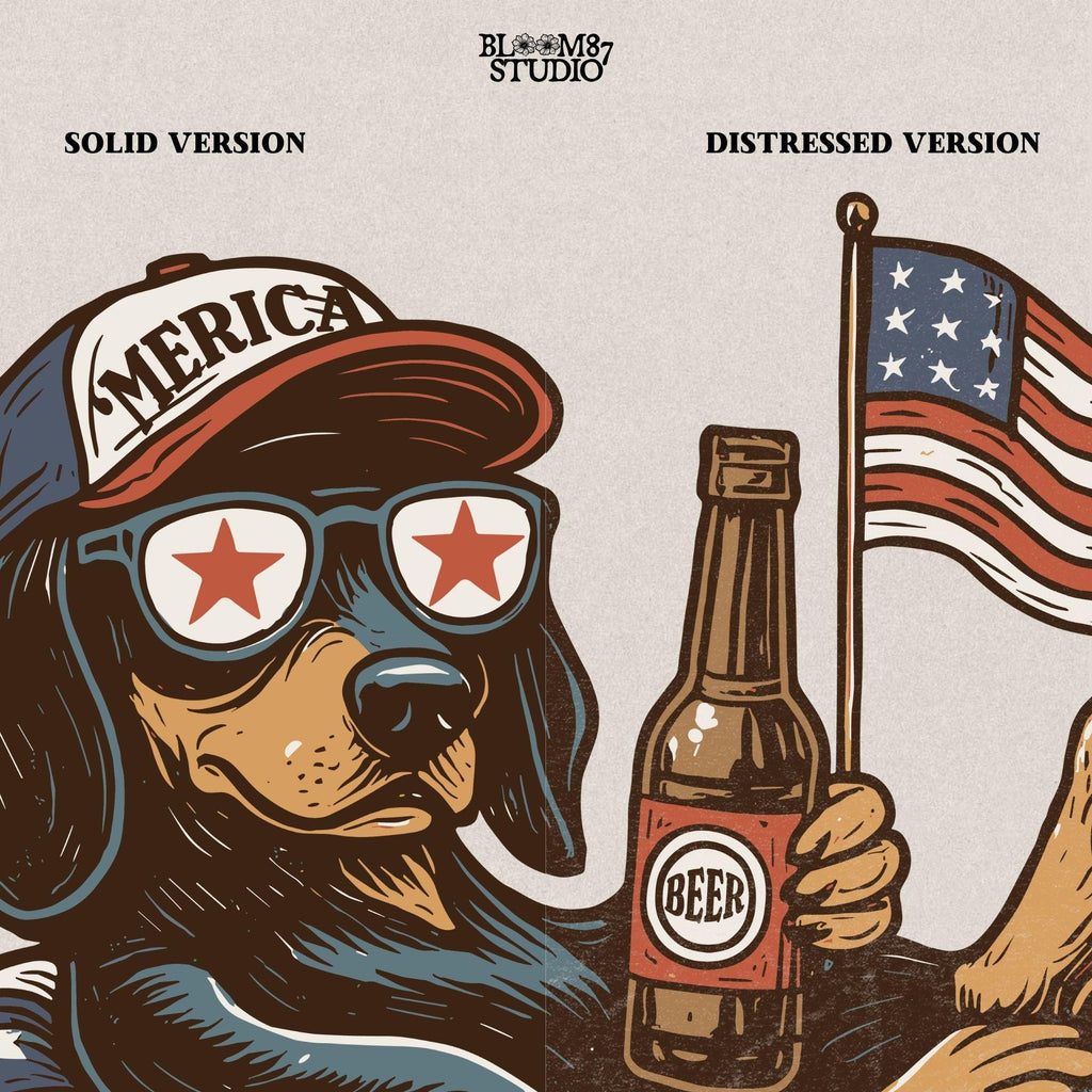 Funny patriotic dachshund dog floating in pool with American flag inner tube, wearing USA sunglasses and holding beer bottle.