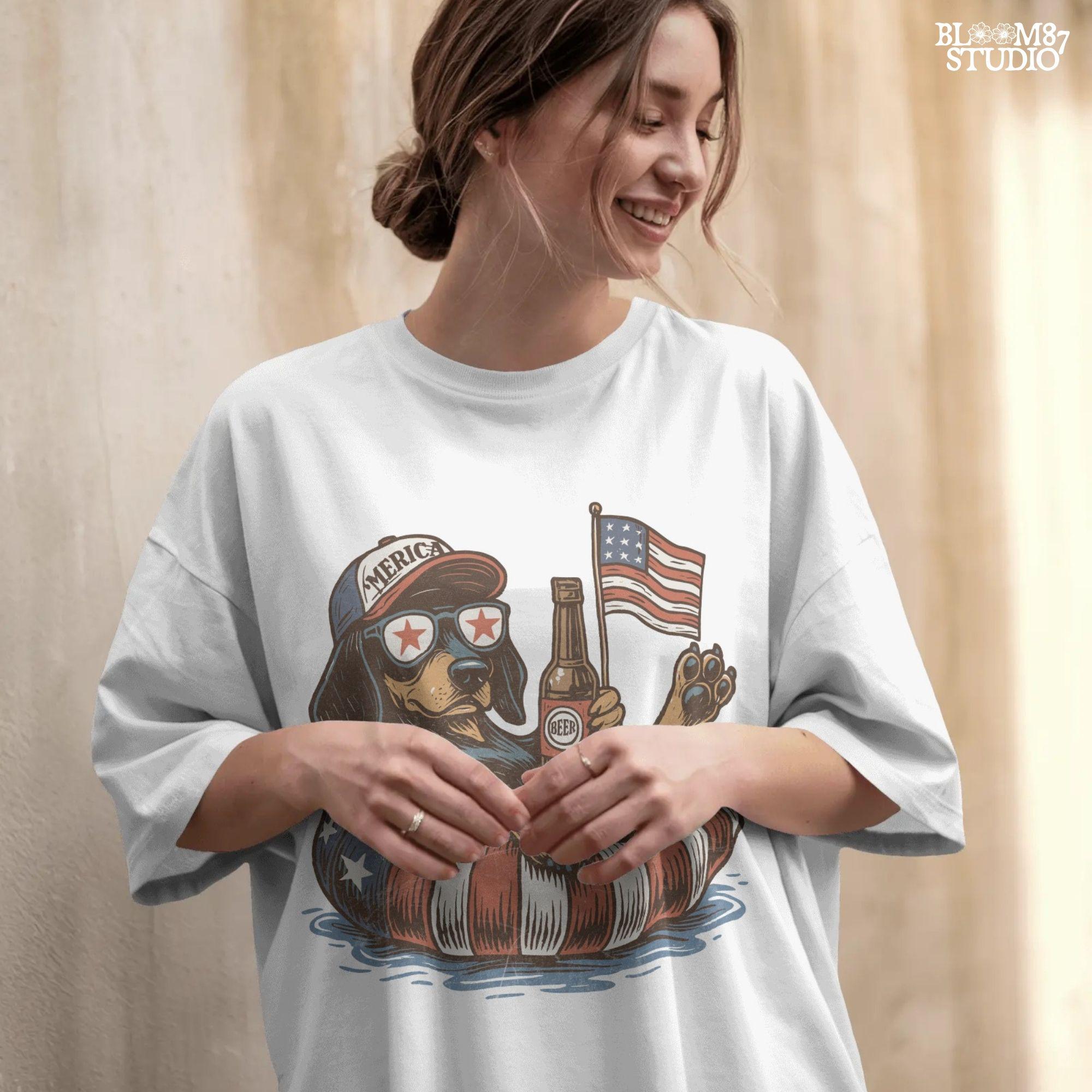 Funny patriotic dachshund dog floating in pool with American flag inner tube, wearing USA sunglasses and holding beer bottle.