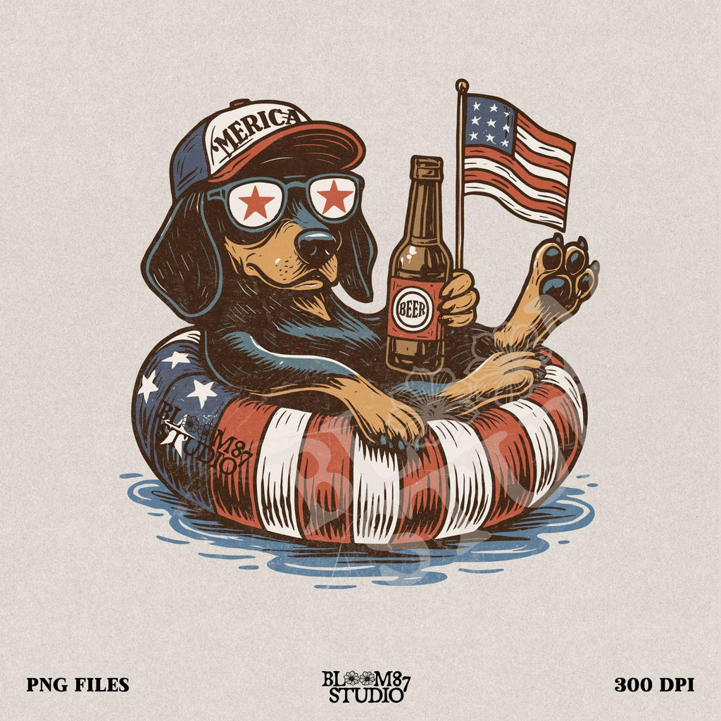 Funny patriotic dachshund dog floating in pool with American flag inner tube, wearing USA sunglasses and holding beer bottle.