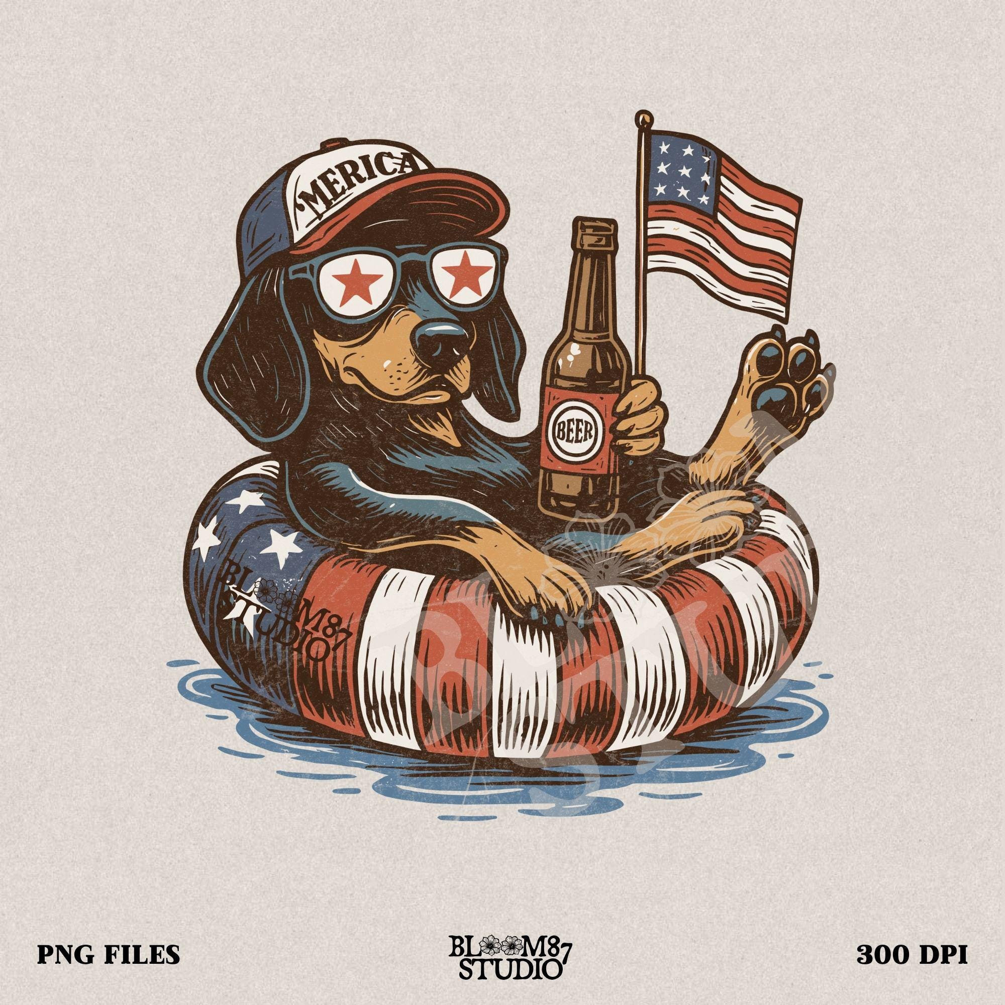 Funny patriotic dachshund dog floating in pool with American flag inner tube, wearing USA sunglasses and holding beer bottle.