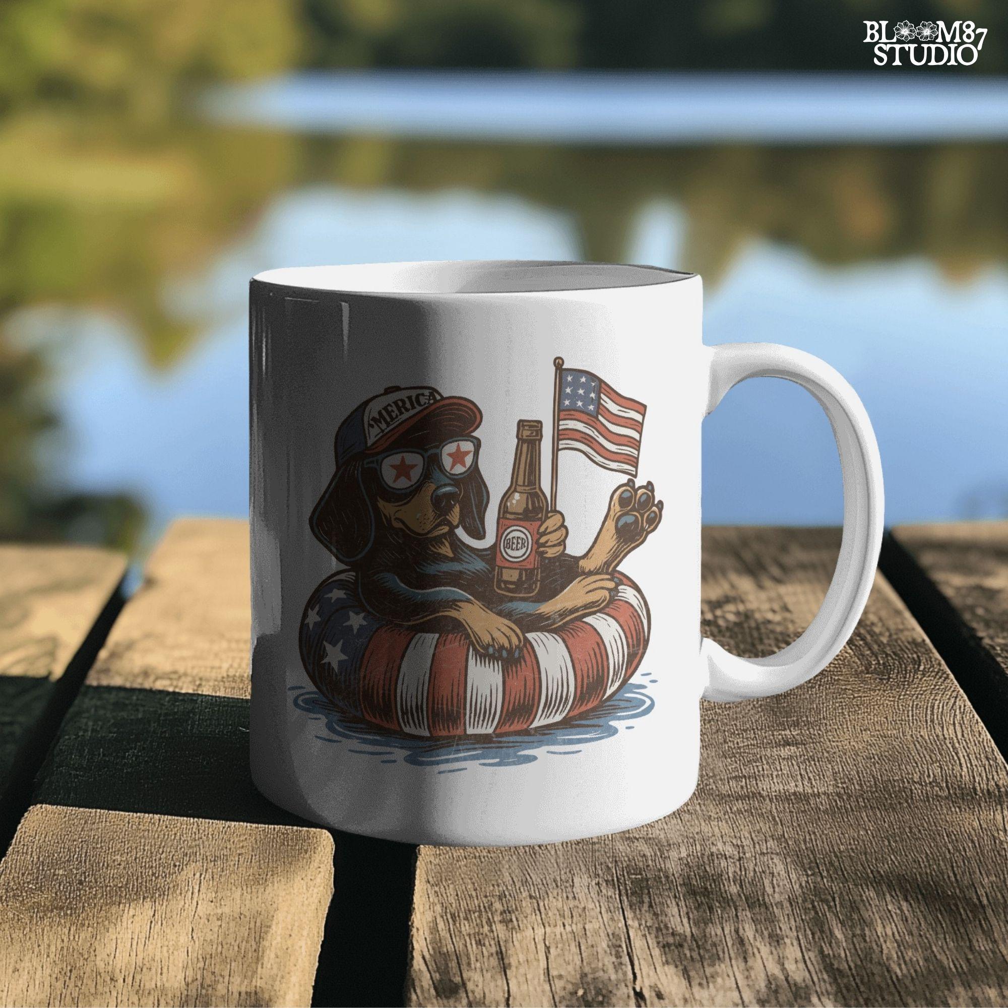 Funny patriotic dachshund dog floating in pool with American flag inner tube, wearing USA sunglasses and holding beer bottle.