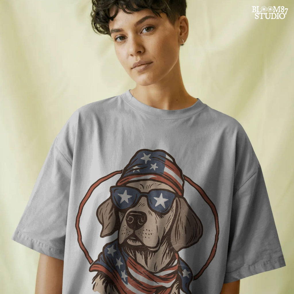 Cool dog wearing American flag bandana and sunglasses with stars, patriotic summer 4th of July design