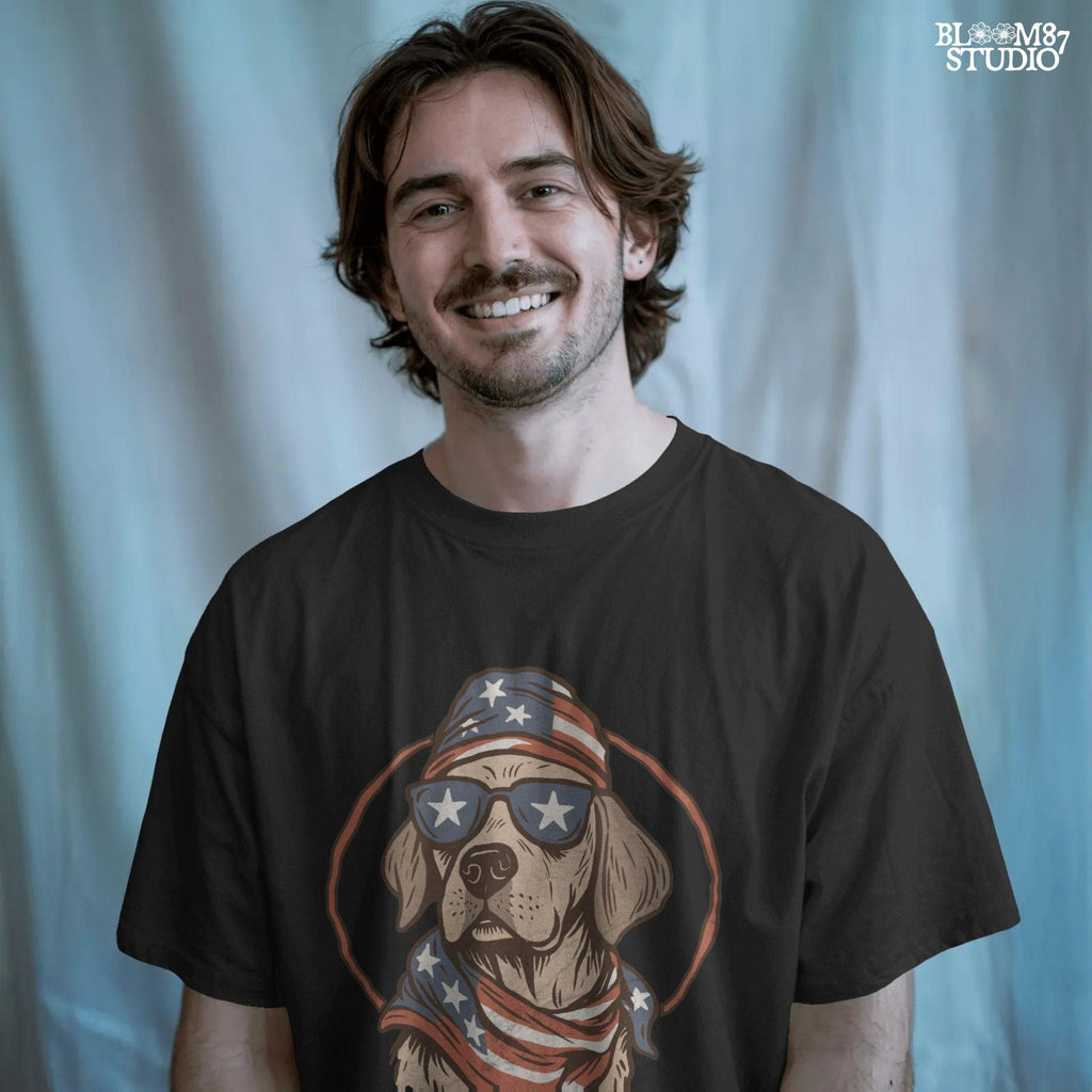 Cool dog wearing American flag bandana and sunglasses with stars, patriotic summer 4th of July design