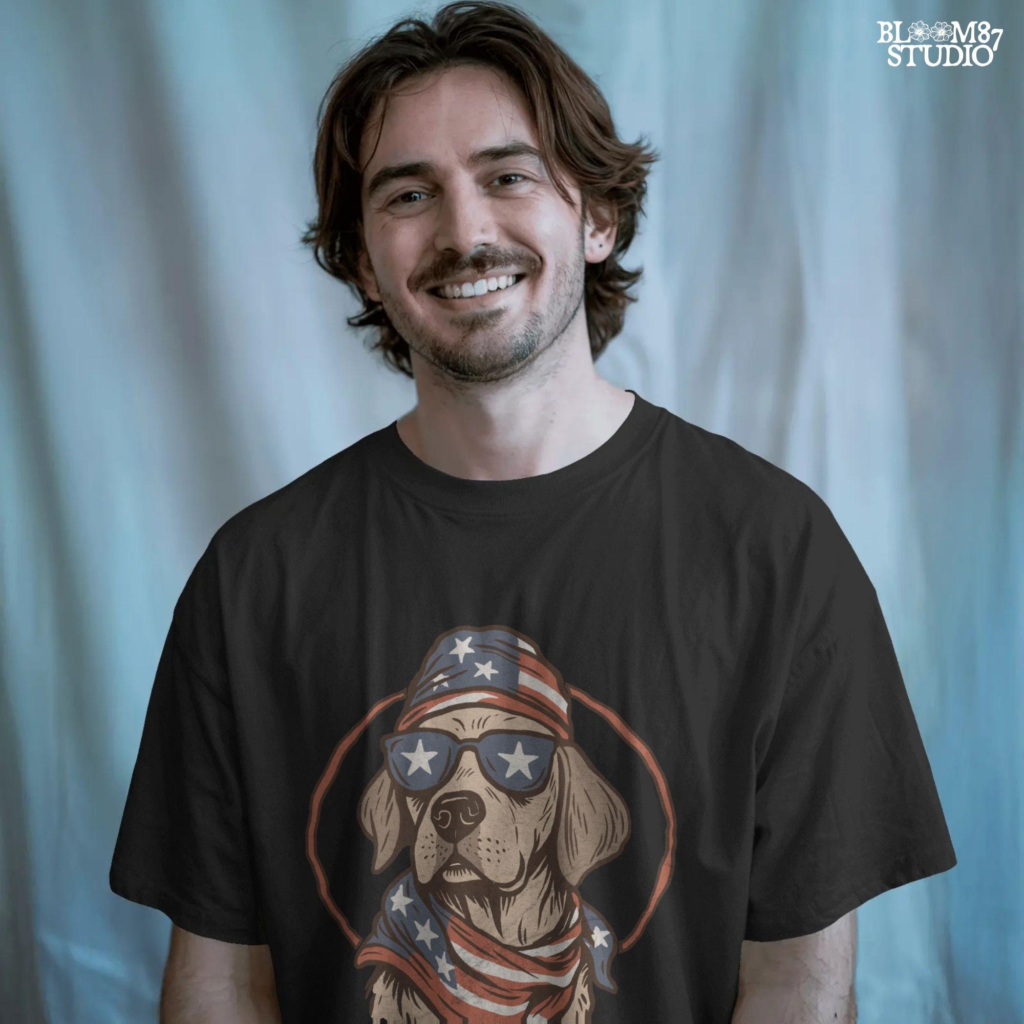 Cool dog wearing American flag bandana and sunglasses with stars, patriotic summer 4th of July design