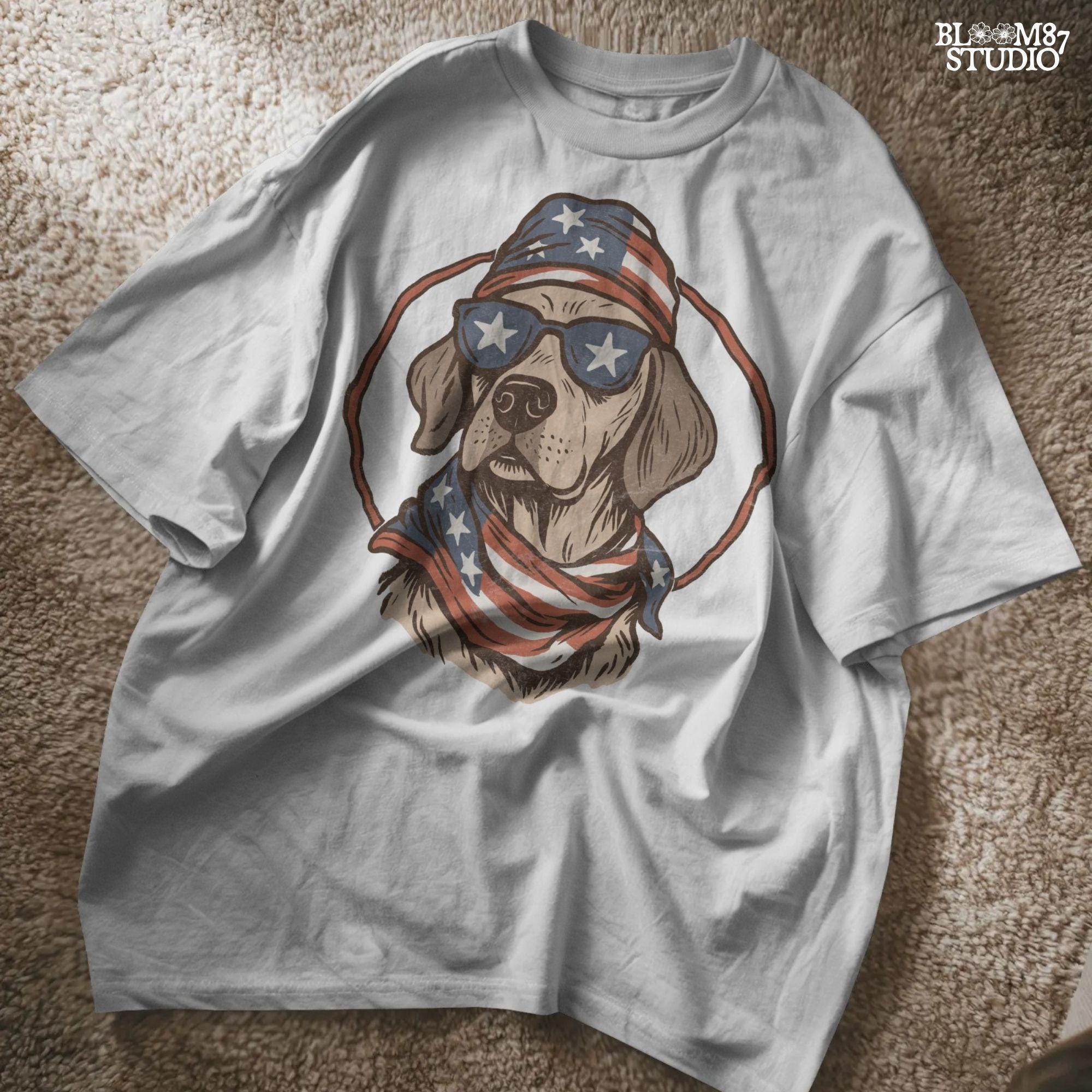 Cool dog wearing American flag bandana and sunglasses with stars, patriotic summer 4th of July design