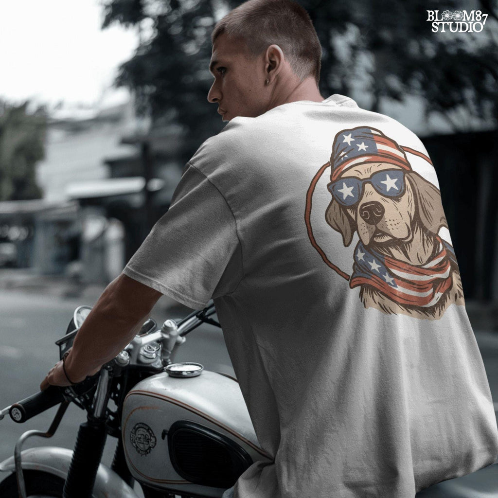Cool dog wearing American flag bandana and sunglasses with stars, patriotic summer 4th of July design