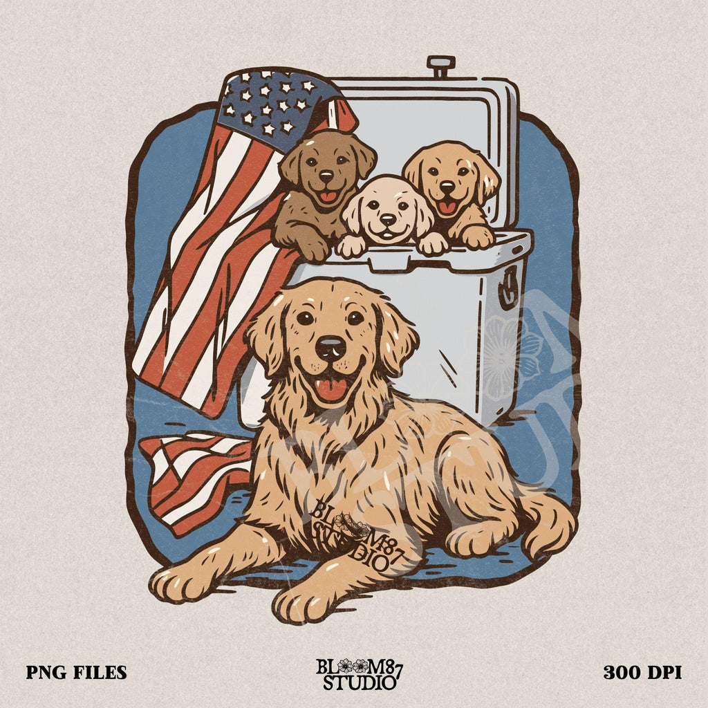 Golden retriever family in a cooler with American flag, cute patriotic summer dog design for 4th of July or outdoor lovers