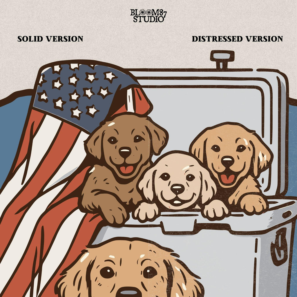 Golden retriever family in a cooler with American flag, cute patriotic summer dog design for 4th of July or outdoor lovers