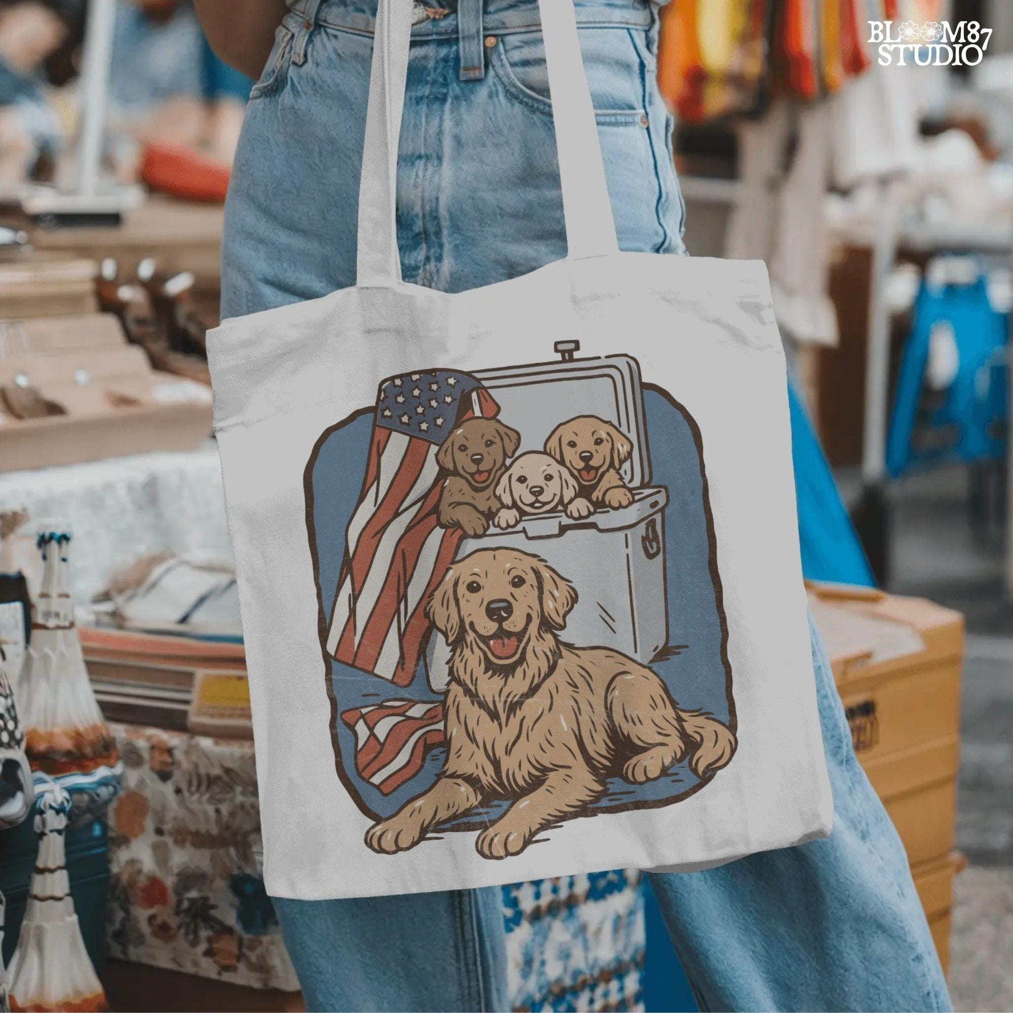 Golden retriever family in a cooler with American flag, cute patriotic summer dog design for 4th of July or outdoor lovers