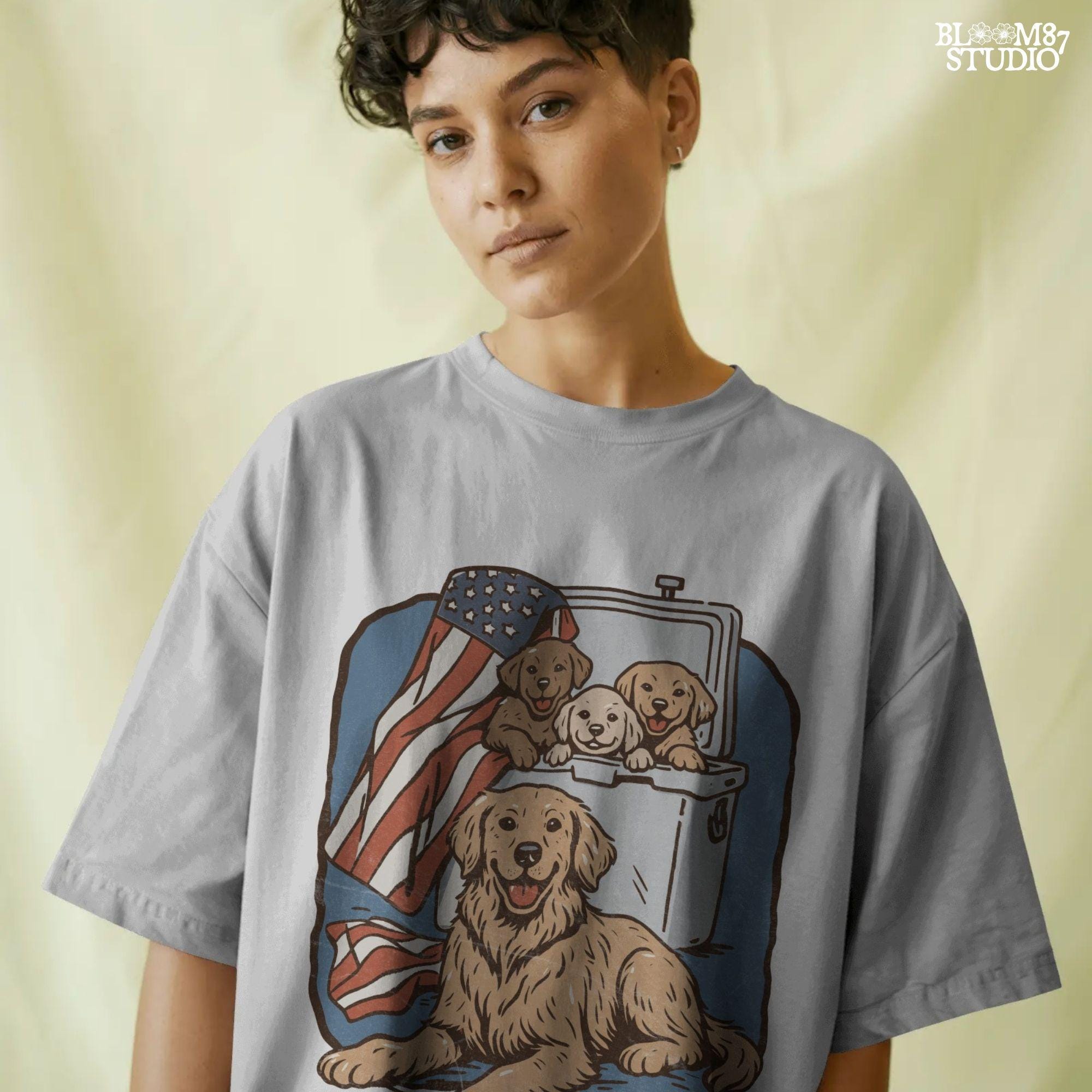 Golden retriever family in a cooler with American flag, cute patriotic summer dog design for 4th of July or outdoor lovers