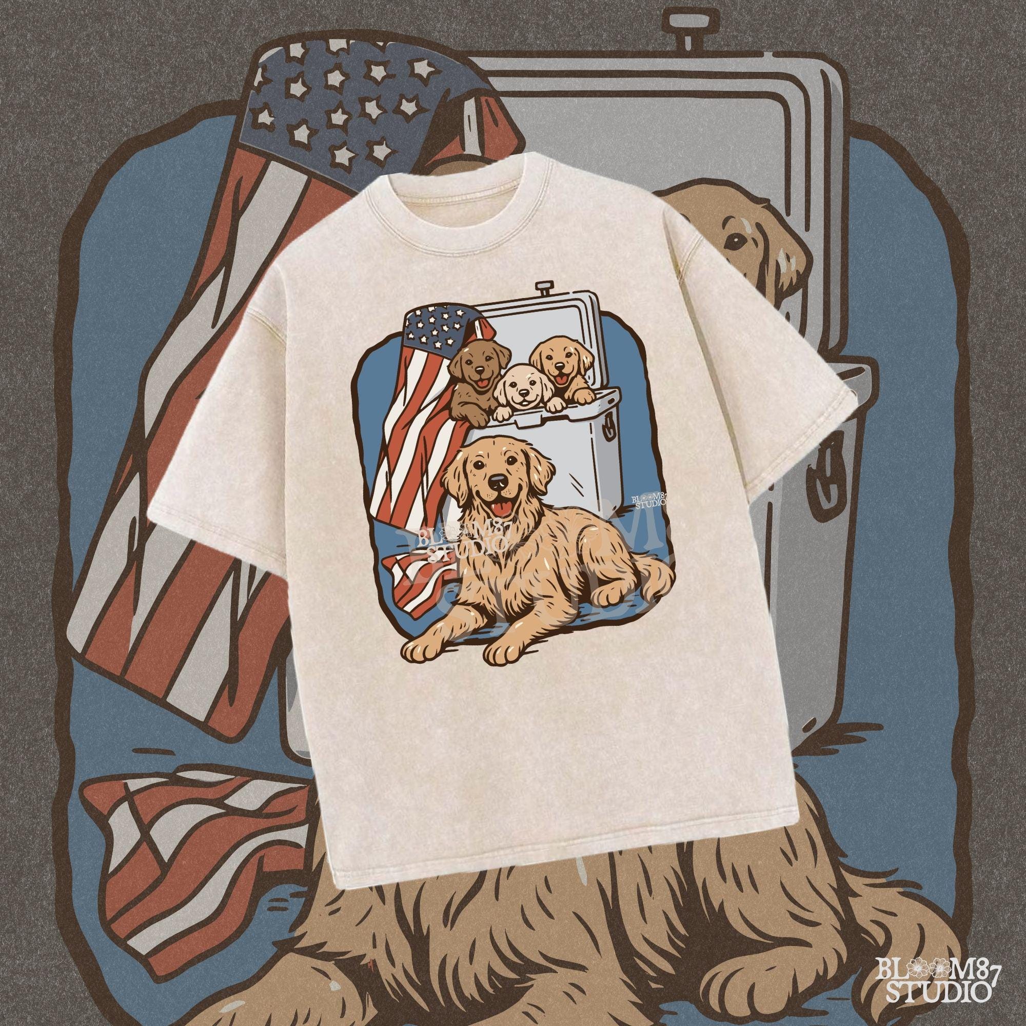 Golden retriever family in a cooler with American flag, cute patriotic summer dog design for 4th of July or outdoor lovers