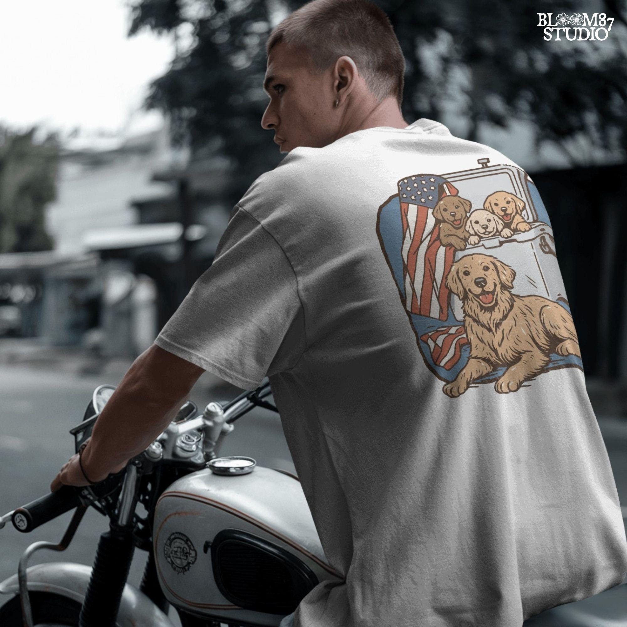 Golden retriever family in a cooler with American flag, cute patriotic summer dog design for 4th of July or outdoor lovers