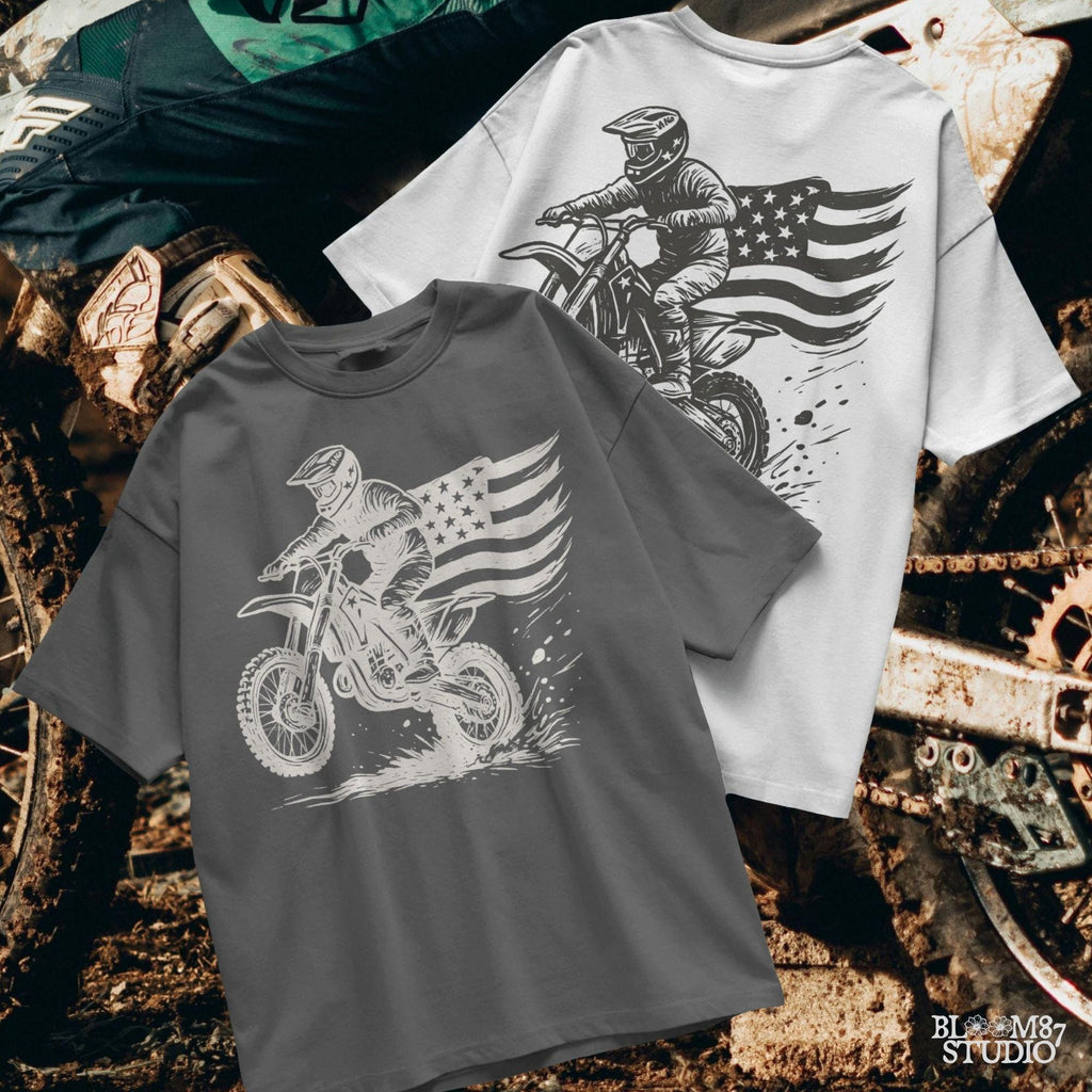 Patriotic motocross rider doing a dirt jump on a dirt bike with the American flag flowing behind, in a bold western vintage style illustration.