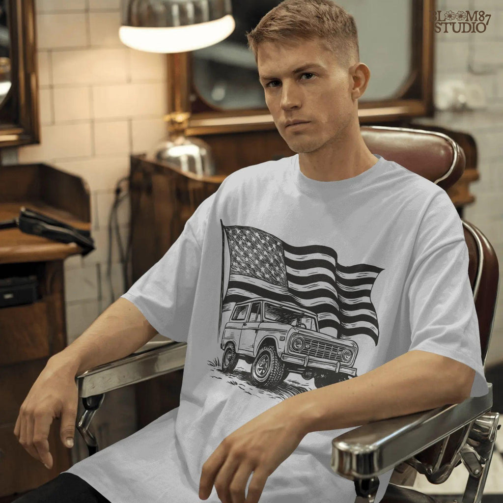 Vintage Bronco 4x4 truck with a waving rustic American flag in the background, drawn in a rugged western style with patriotic colors.